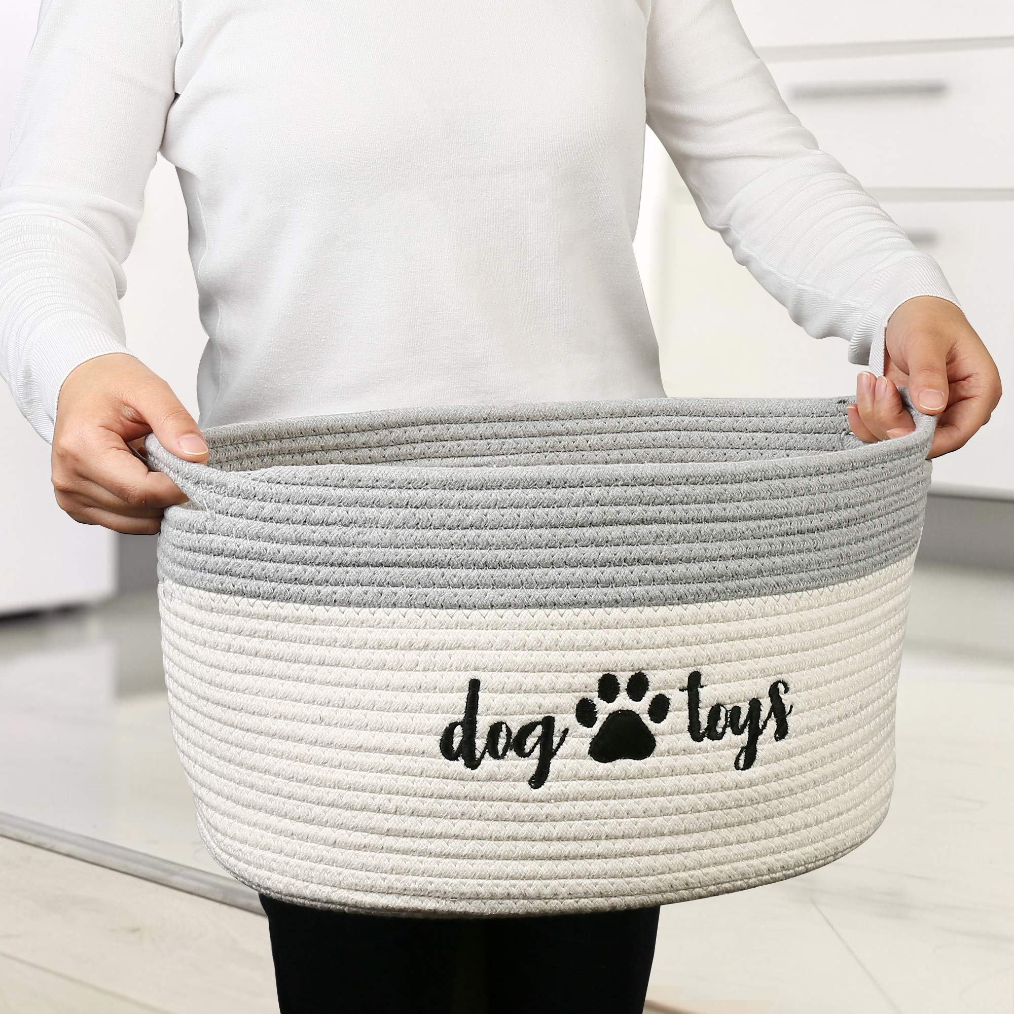 PrimePets Cotton Rope Dog Toy Basket - Small Woven Storage Bin with Handles for Dog Toys (15x10x9 inches) - White and Grey Pet Organizer for Living Room, Bedroom & Pet Play Areas