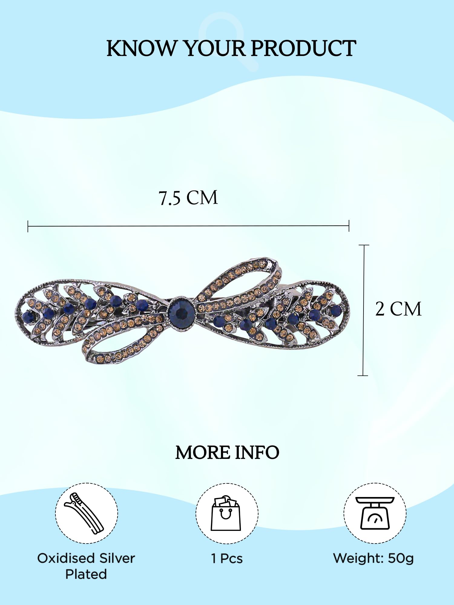 Yellow Chimes Hair Clips for Women & Girls - Blue Crystal French Barrette Hair Accessories for School, Work & Special Occasions