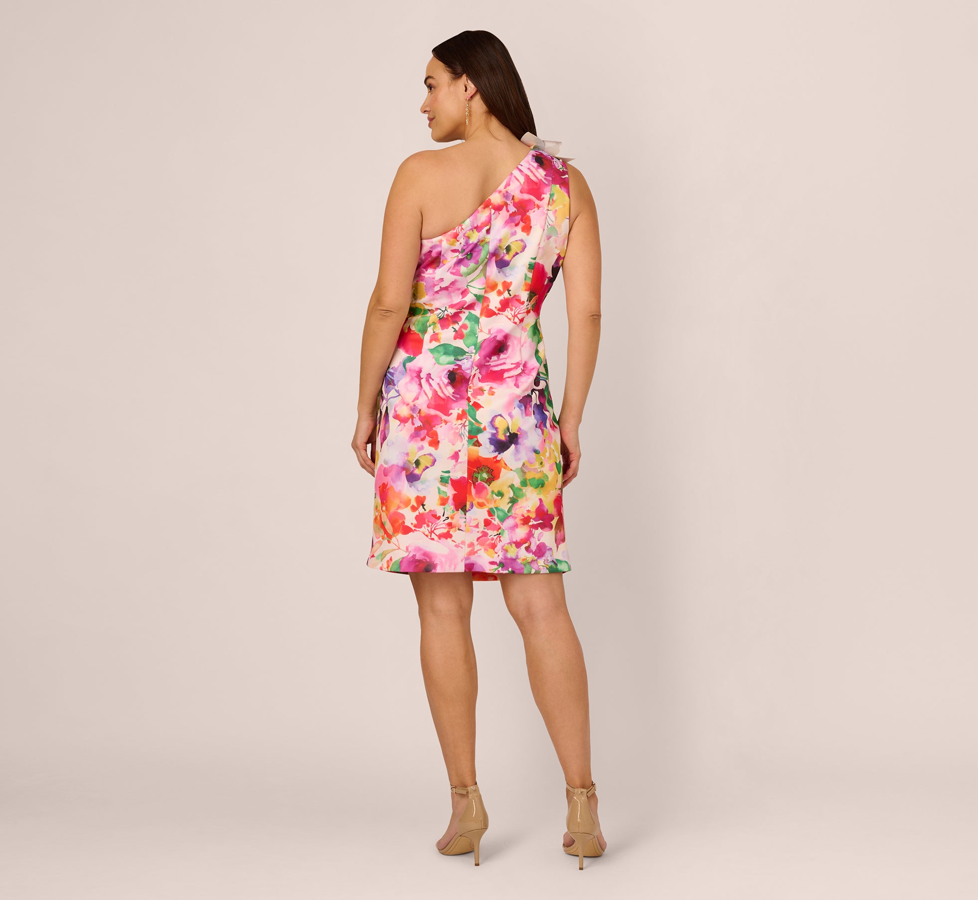 Plus Size One Shoulder Rosette Floral Sheath Dress in Pink Multi - Elegant Women's Formal Evening Gown for Weddings, Parties & Special Occasions