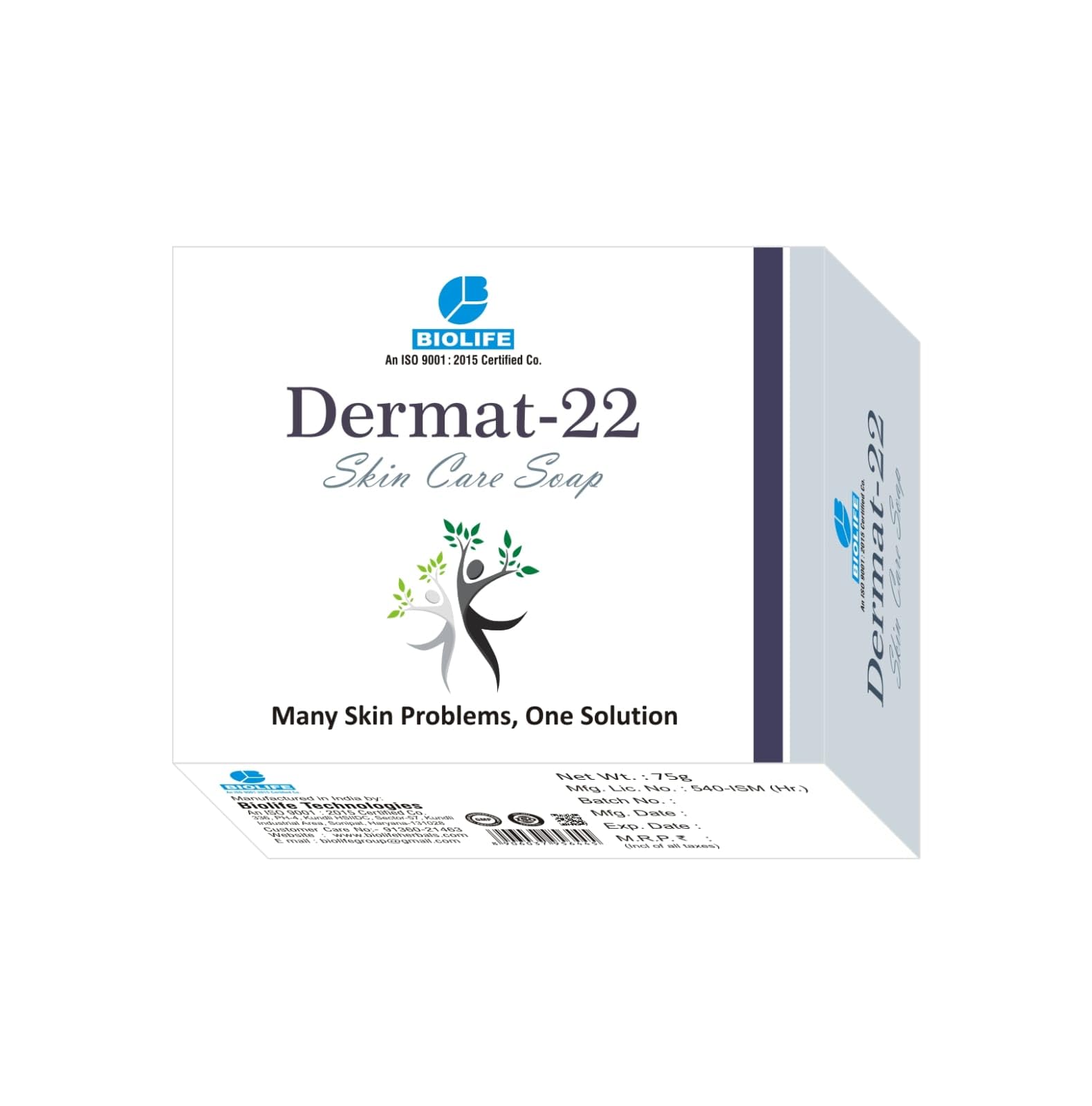Dermat-22 Ayurvedic Skin Care Soap for Acne, Eczema & Psoriasis - Natural Herbal Treatment for Men & Women (75g) - Gentle Cleansing for Face & Body, Ideal for Daily Skincare Routine