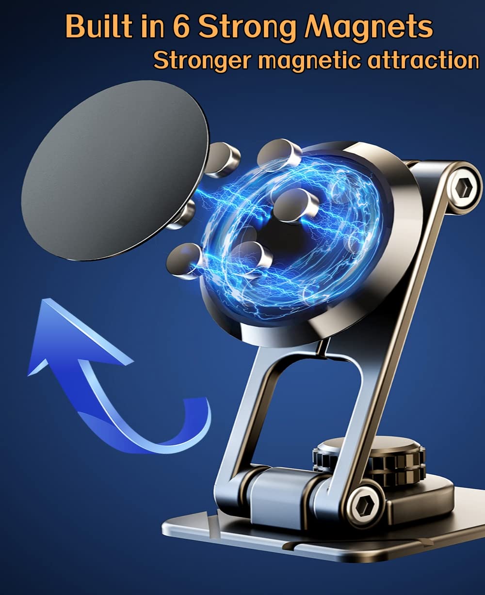 Strong Magnetic Phone Holder for Car - 6 Alloy Magnets, 360° Rotation Dashboard Mount - Universal Fit for All Smartphones (Black) - Perfect for Hands-Free Driving & GPS Navigation