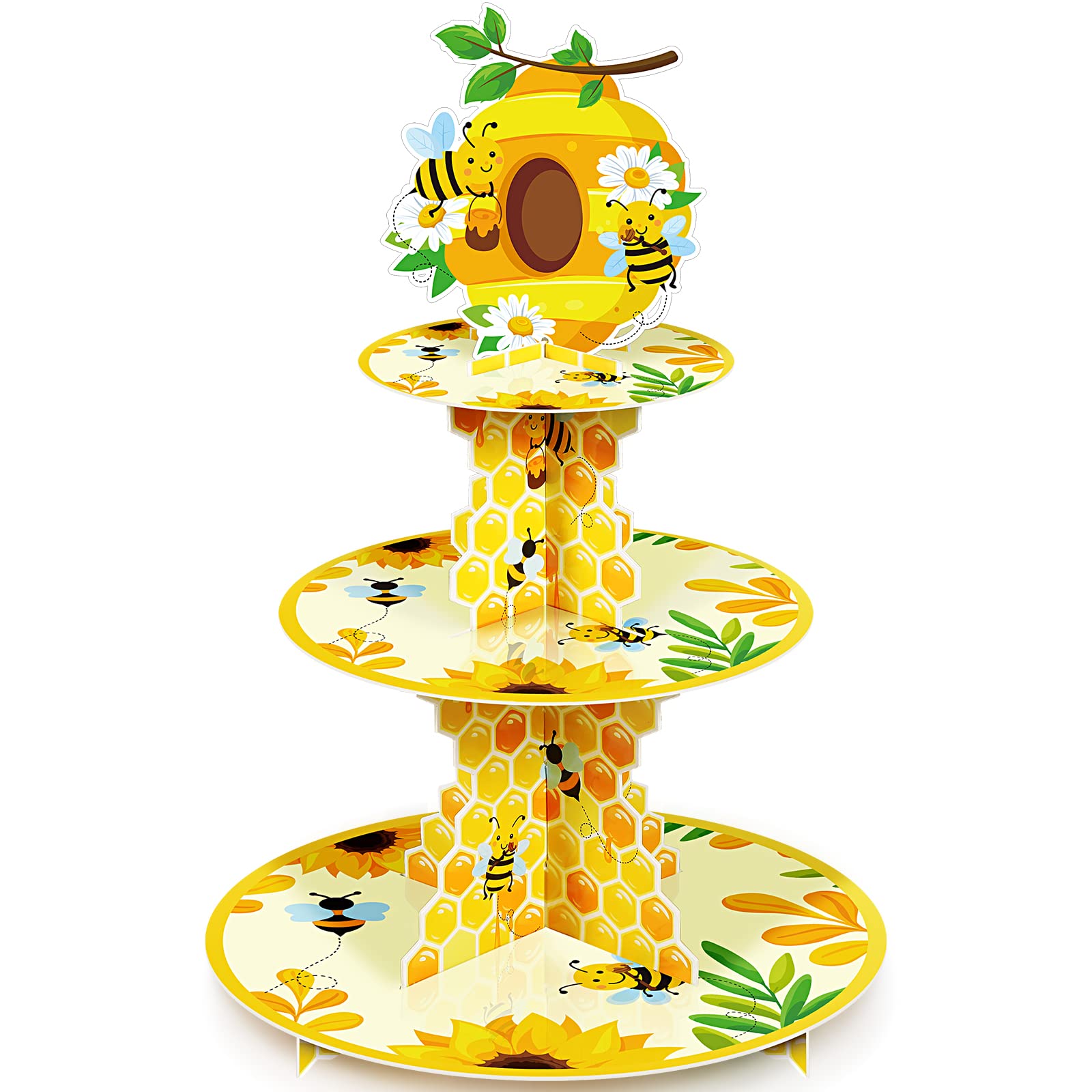 Tiamon 3-Tier Yellow Bee & Sunflower Cupcake Stand - Sturdy Round Pastry Tower for Birthday Parties, Baby Showers, Bee Theme Decorations - Perfect for Kids Events, Dessert Displays & Party Decor