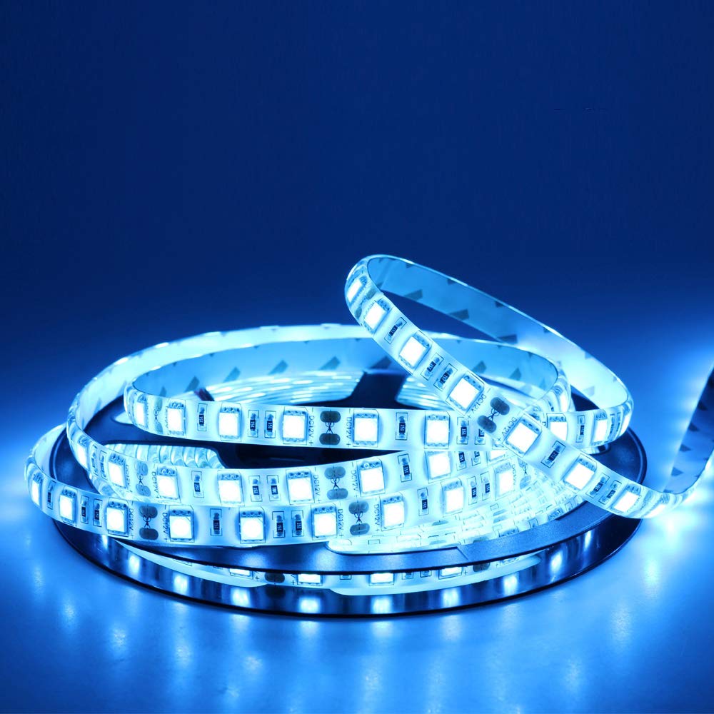 Waterproof Ice Blue LED Strip Light - 16ft/5m SMD5050 300 LEDs Flexible Cuttable DC12V Tape for Home, Bedroom, Kitchen, Party & Outdoor Decoration (No Power Adapter Included)