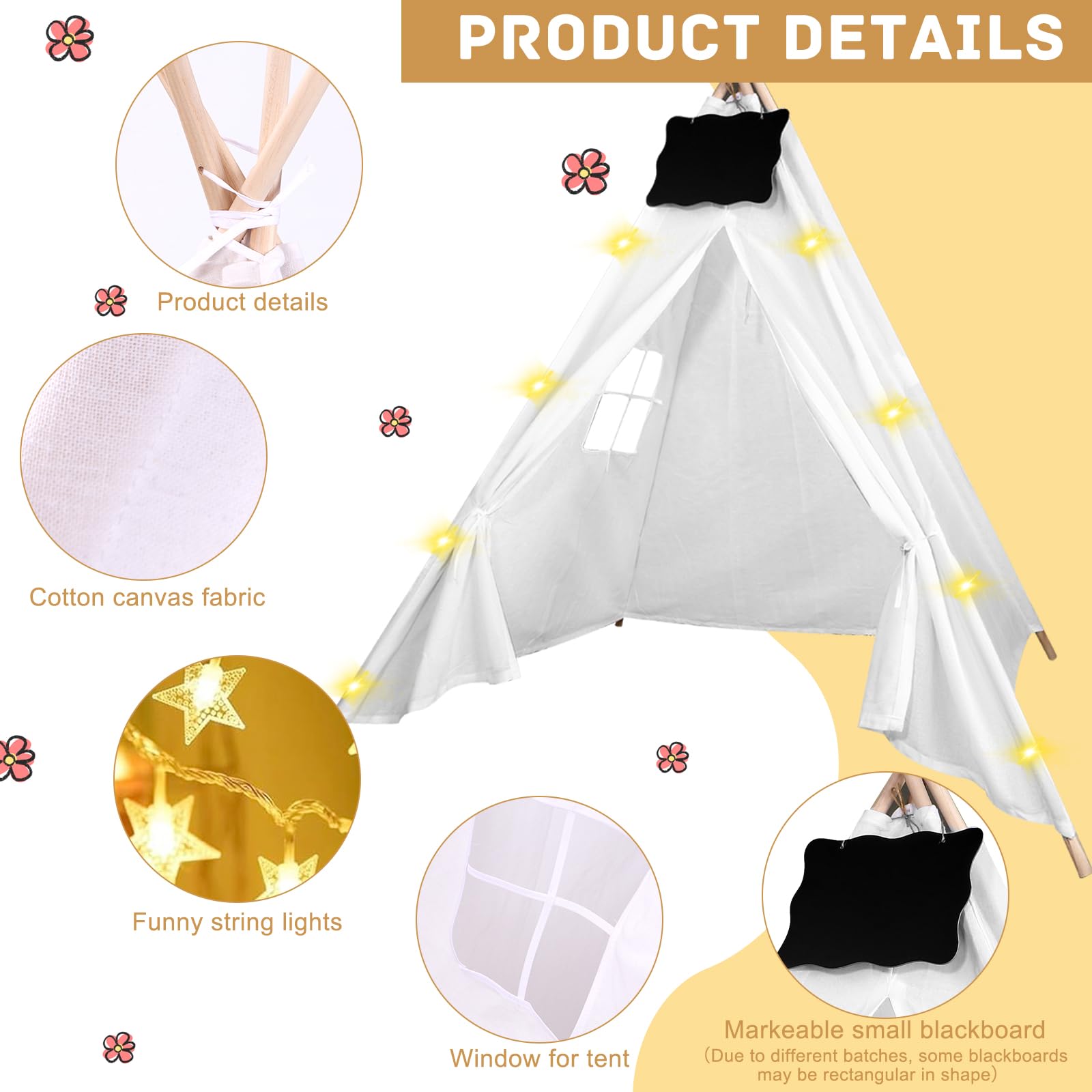 6-Piece Teepee Tent Set with Chalkboard & 10FT Fairy Lights - Foldable Indoor/Outdoor Play Tent for Kids, Girls & Boys - Perfect for Birthday Parties, Boho Sleepovers, Camping & Nursery Decor (White)