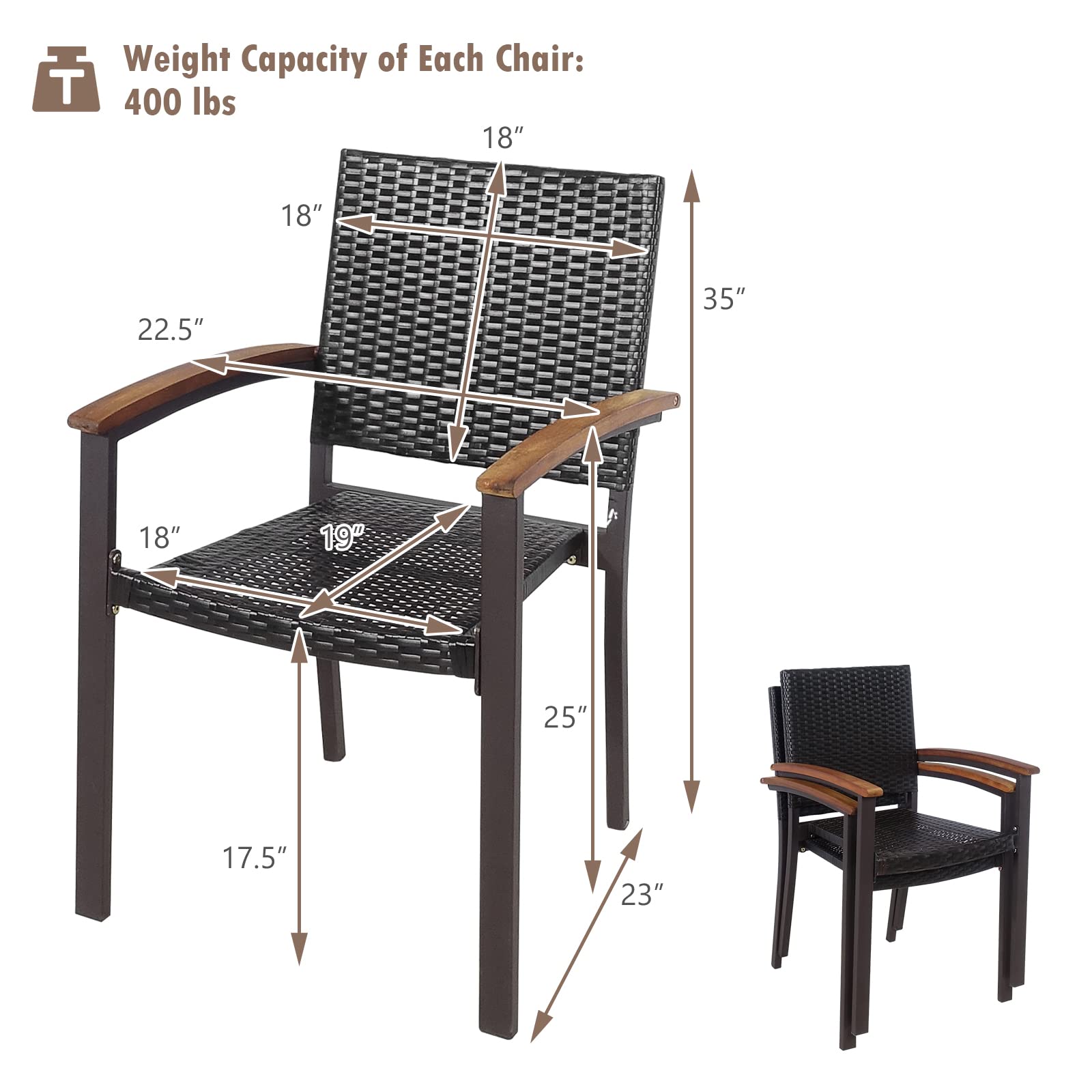 Tangkula 2-Piece Stackable PE Wicker Patio Chairs Set with Acacia Wood Armrests - Indoor/Outdoor Dining Chairs for Garden, Poolside, Backyard & Bistro - Perfect for Outdoor Entertaining, Relaxing & Dining (Mix Brown)
