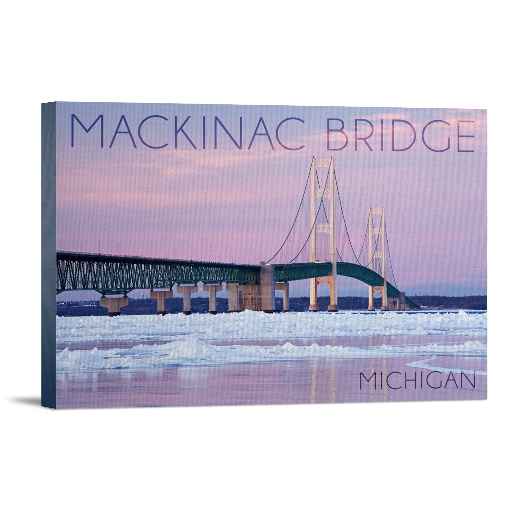 Michigan Mackinac Bridge Winter Landscape Art - 36x24 Gallery Wrapped Canvas Wall Decor for Living Room, Office & Bedroom