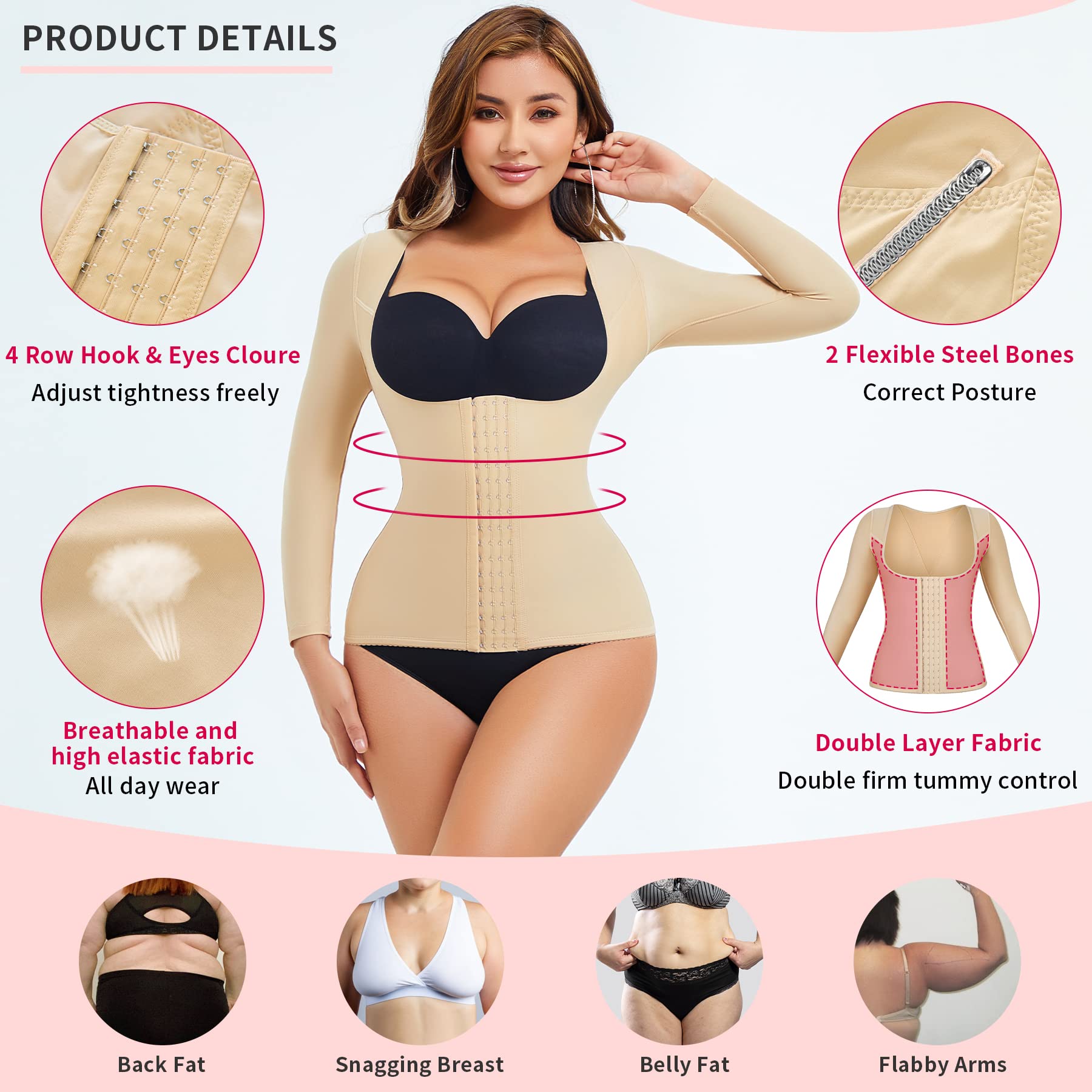 Gotoly Women's Waist Trainer Corset - Tummy Control Shapewear for Postpartum & Post Surgery - Arm Shaper & Body Slimmer Compression Top for Workouts & Special Occasions