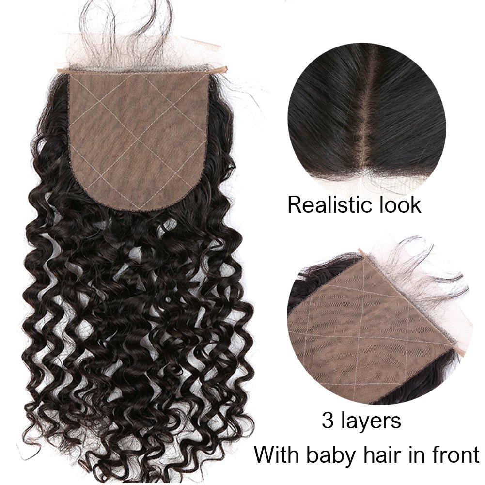 4x4 Silk Base Lace Closure with Baby Hair - Free Part Curly Wave Human Hair Closure - Bleached Knots Brazilian Virgin Hair - 18 Inch Natural Color - Perfect for Protective Styles & Everyday Wear