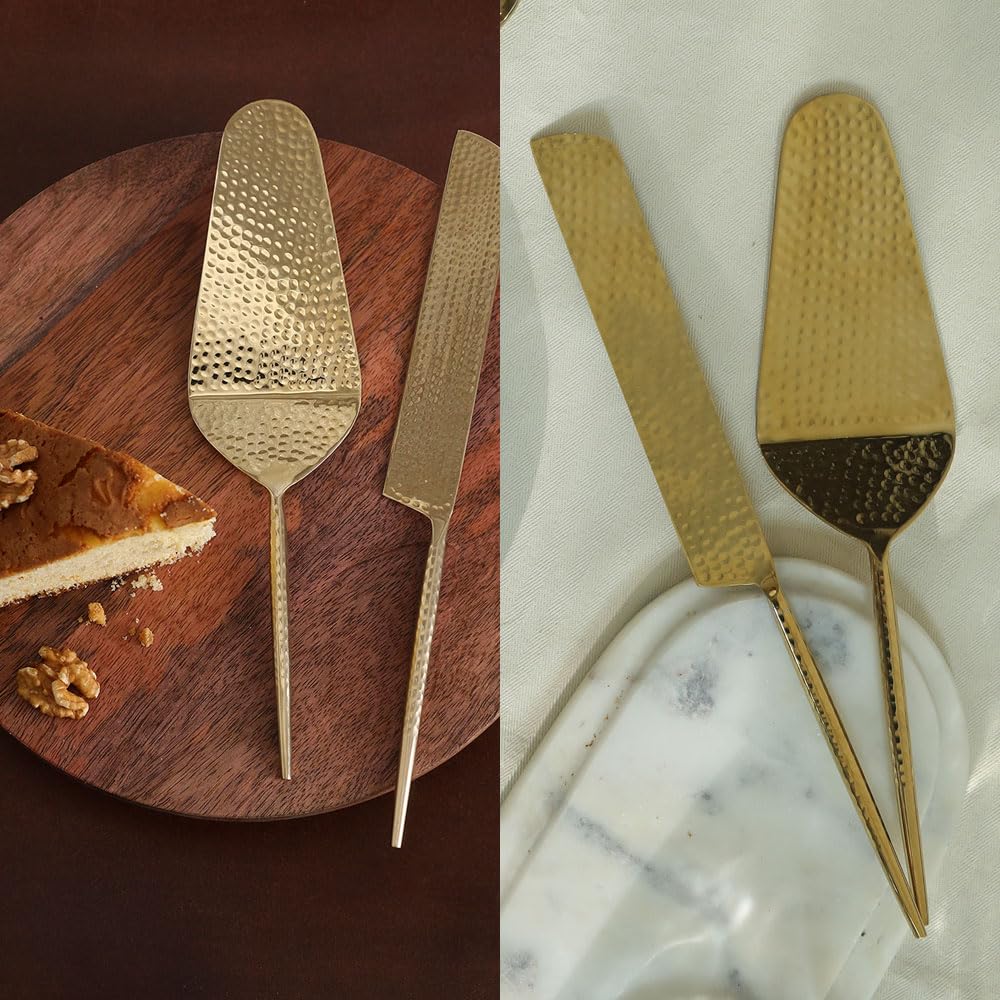 Ellementry Norah Gold Hammered Cake Server Set of 2 - Elegant Cake Cutting Knife & Pastry Server for Wedding, Birthday, Anniversary, Baby Shower - Perfect for Desserts, Pies & Party Celebrations