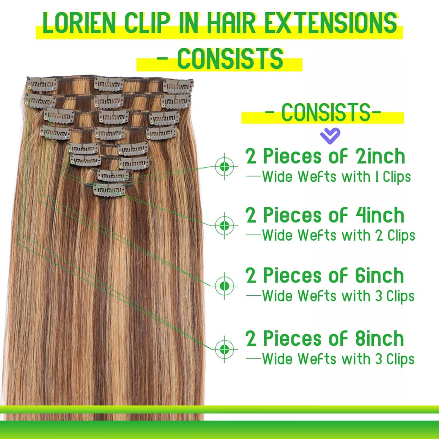 LORIEN 14 Inch Clip in Human Hair Extensions 8pcs Set - 100% Brazilian Remy Hair, 80g, 4/27 Chocolate Brown to Caramel Blonde, Double Weft with 18 Clips for Natural Volume & Length - Perfect for Parties, Weddings & Daily Styling