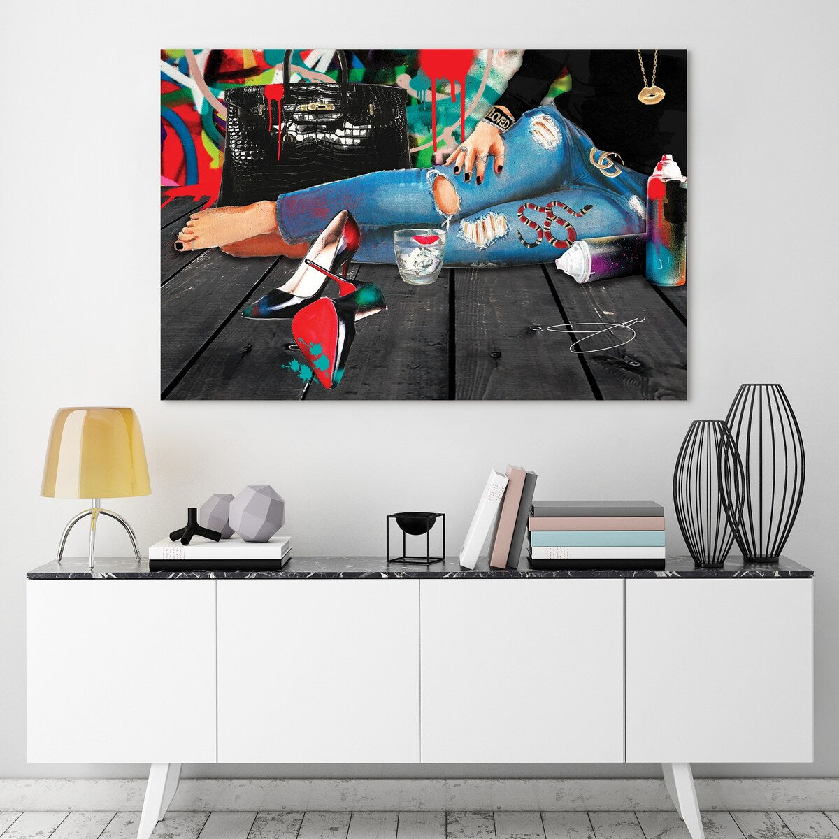 Frameless Free Floating Tempered Glass Wall Art - 32x48 Inches Modern Home Decor for Living Room, Bedroom & Office - Fashion Graphic Panel for Women