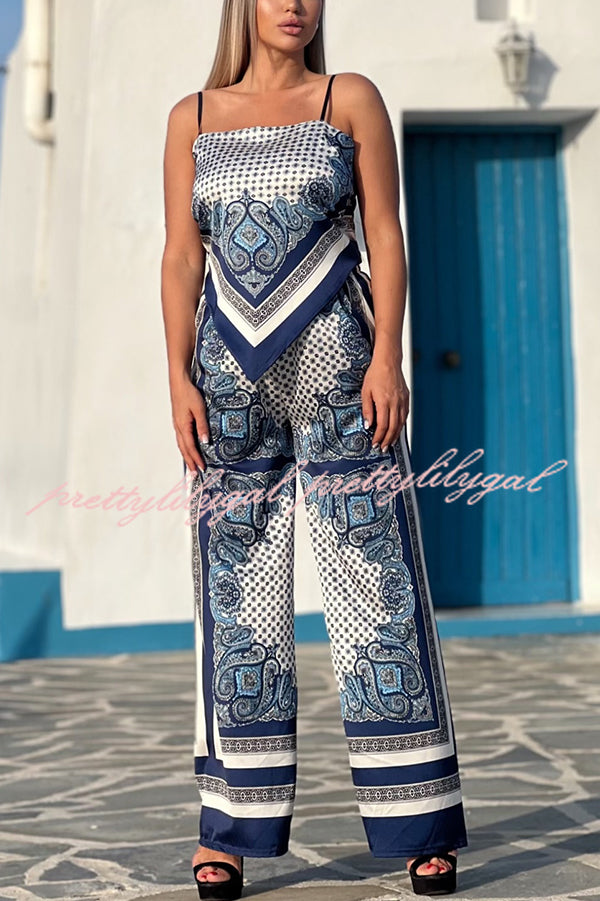 Fashionable Printed Sling Backless Strappy Top with Elastic Waist Loose Pants Set - Women's Casual Outfit for Summer Beach, Vacation and Streetwear
