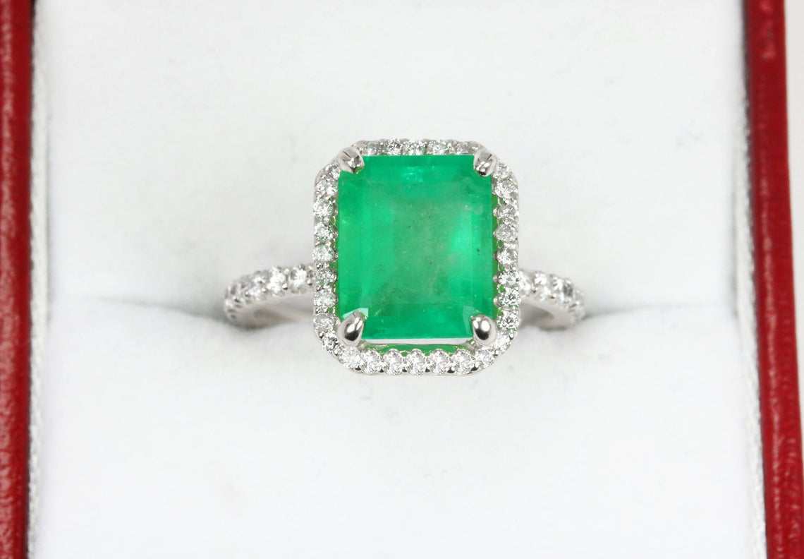 3.20tcw Emerald and Diamond Halo Engagement Ring - 14K Gold Emerald Cut Wedding Ring for Women, Perfect for Proposals, Anniversaries & Bridal Jewelry