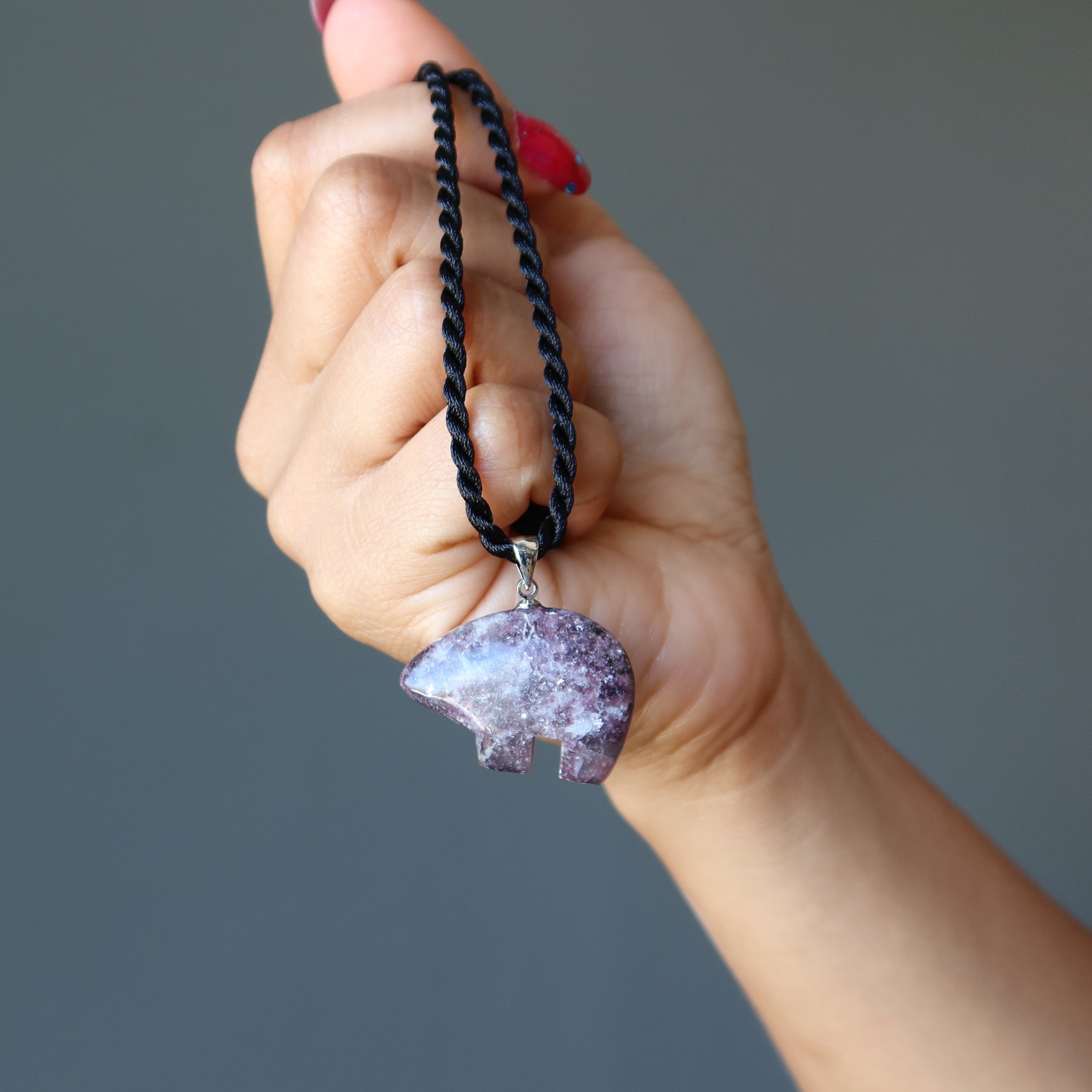 Lepidolite Necklace with Purple Bear Gemstone - Black Twist Cord for Stress Relief & Positive Energy | Perfect for Meditation, Yoga & Spiritual Healing