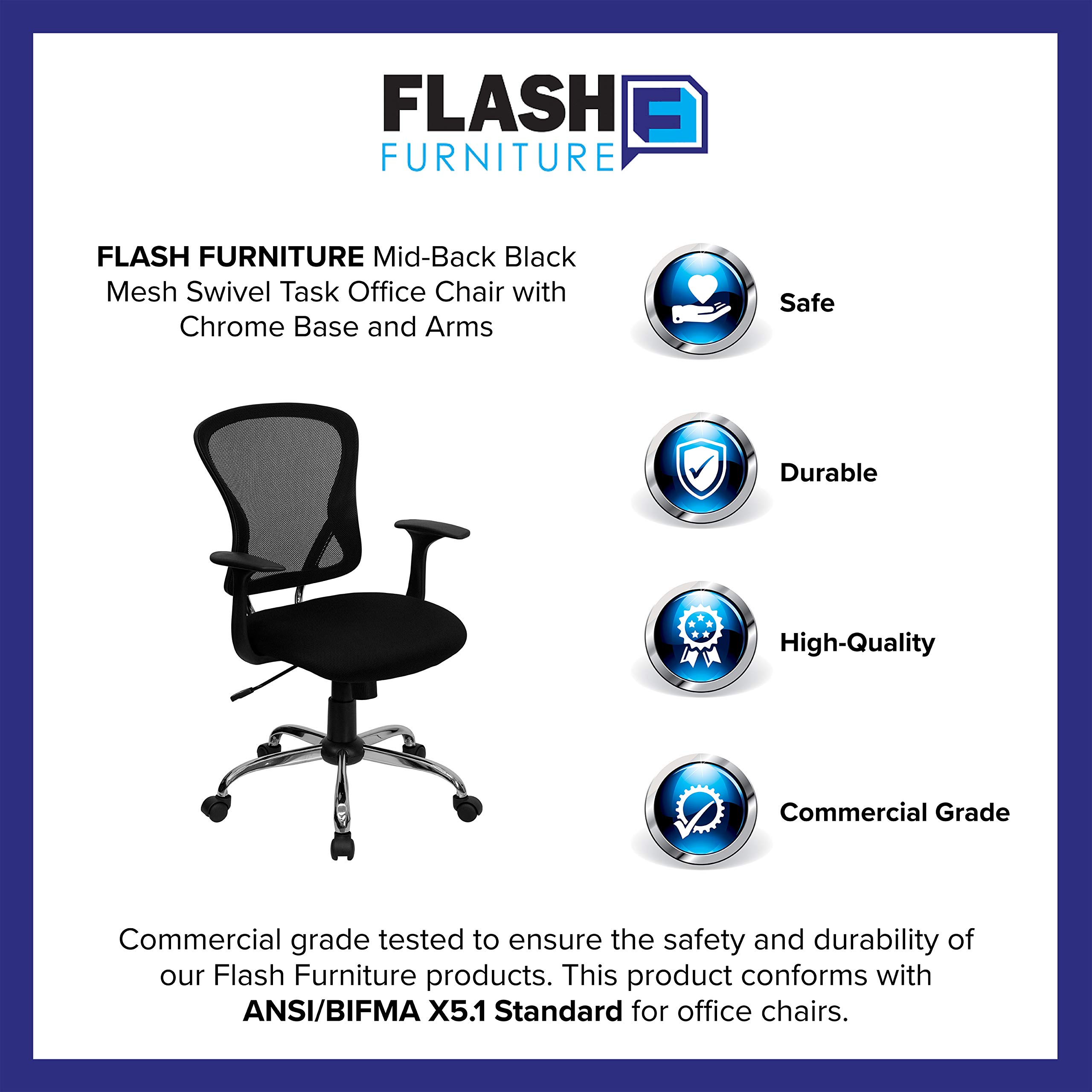 Flash Furniture Alfred Mid-Back Black Mesh Swivel Task Office Chair with Chrome Base and Arms - Ergonomic Desk Chair for Home Office, Computer Work & Gaming