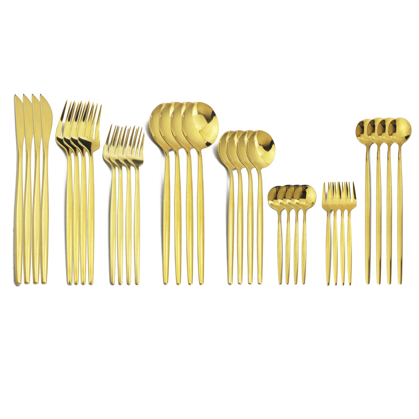 32-Piece Stainless Steel Flatware Set - Silverware Cutlery with Cake Fork & Long Handle Spoons - Dishwasher Safe Shiny Gold Tableware for 4 - Perfect for Dinner Parties, Weddings & Upscale Dining