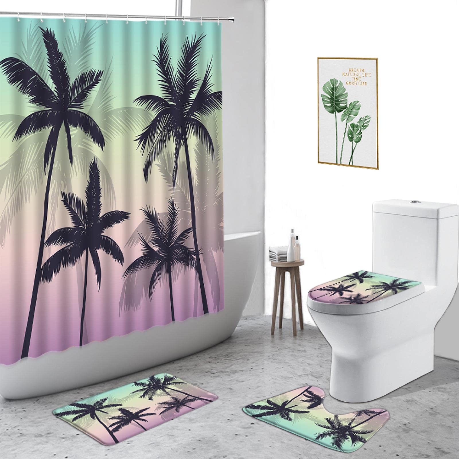 YONGG Tropical Beach Shower Curtain Set - Blue Ocean, Palm Trees, Parrots & Dolphins Design - Waterproof Bathroom Decor with Matching Bath Mat & Toilet Cover - Perfect for Coastal, Vacation & Summer Themed Bathrooms