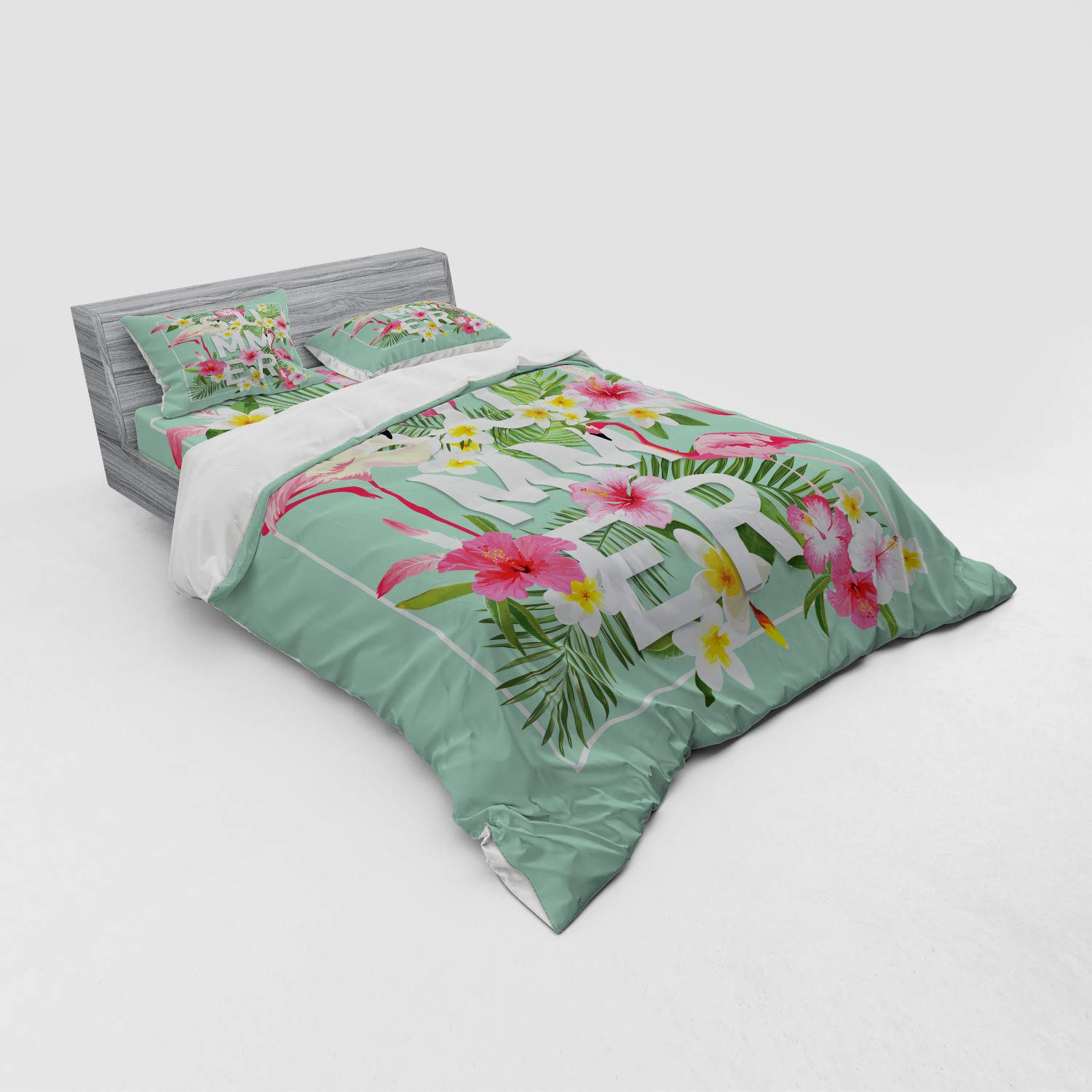 Ambesonne Floral Bedding Set 4-Piece Queen Size - Tropical Flower & Flamingo Print Duvet Cover with Shams & Fitted Sheet, Mint Green & Pink Retro Design for Bedroom Decor, Wedding Gift or Bohemian Style Home