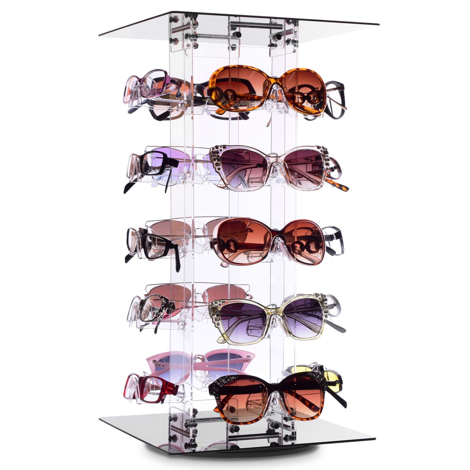 MOOCA Acrylic Rotating Sunglasses Organizer Stand - 20 Frame Capacity Eyewear Display Rack for Sunglasses, Glasses & Accessories - Perfect for Retail Stores, Boutiques & Home Organization
