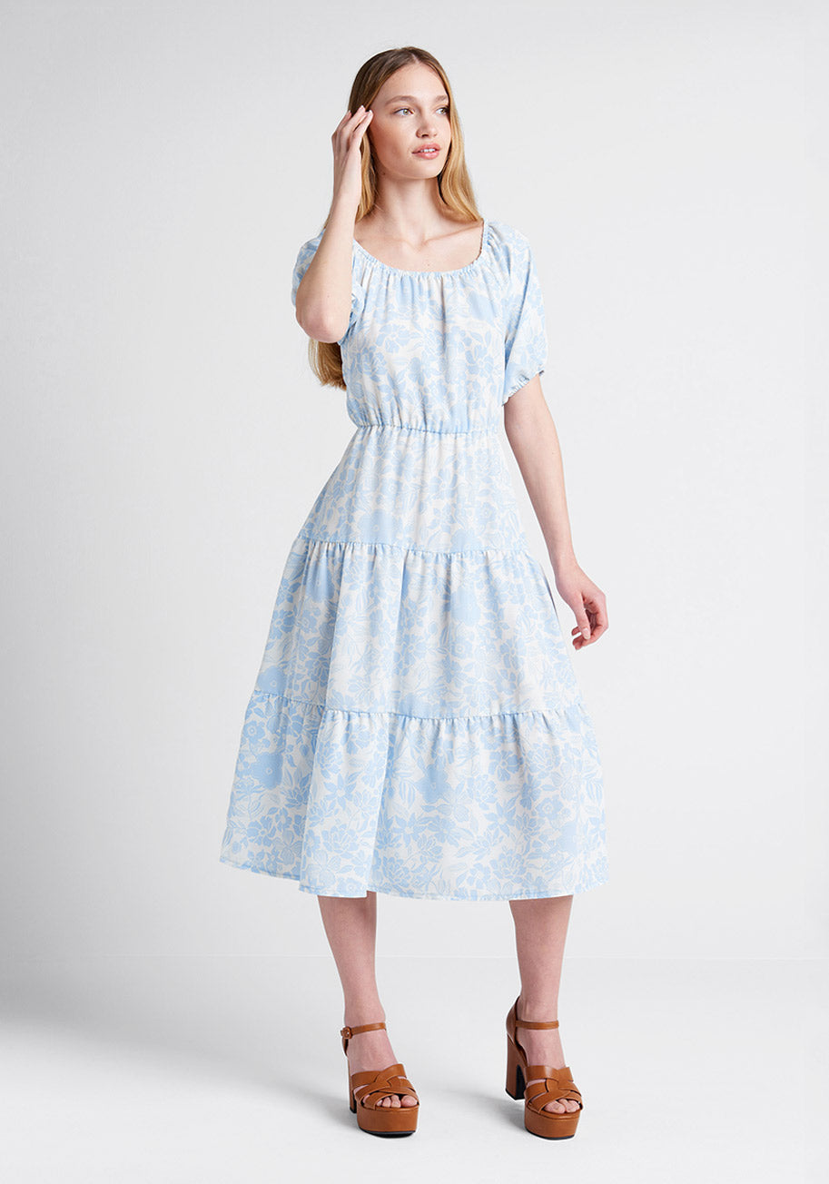 Bloom Wildly Floral Print Tiered Midi Dress for Women - Summer Boho Chic Party & Wedding Guest Outfit