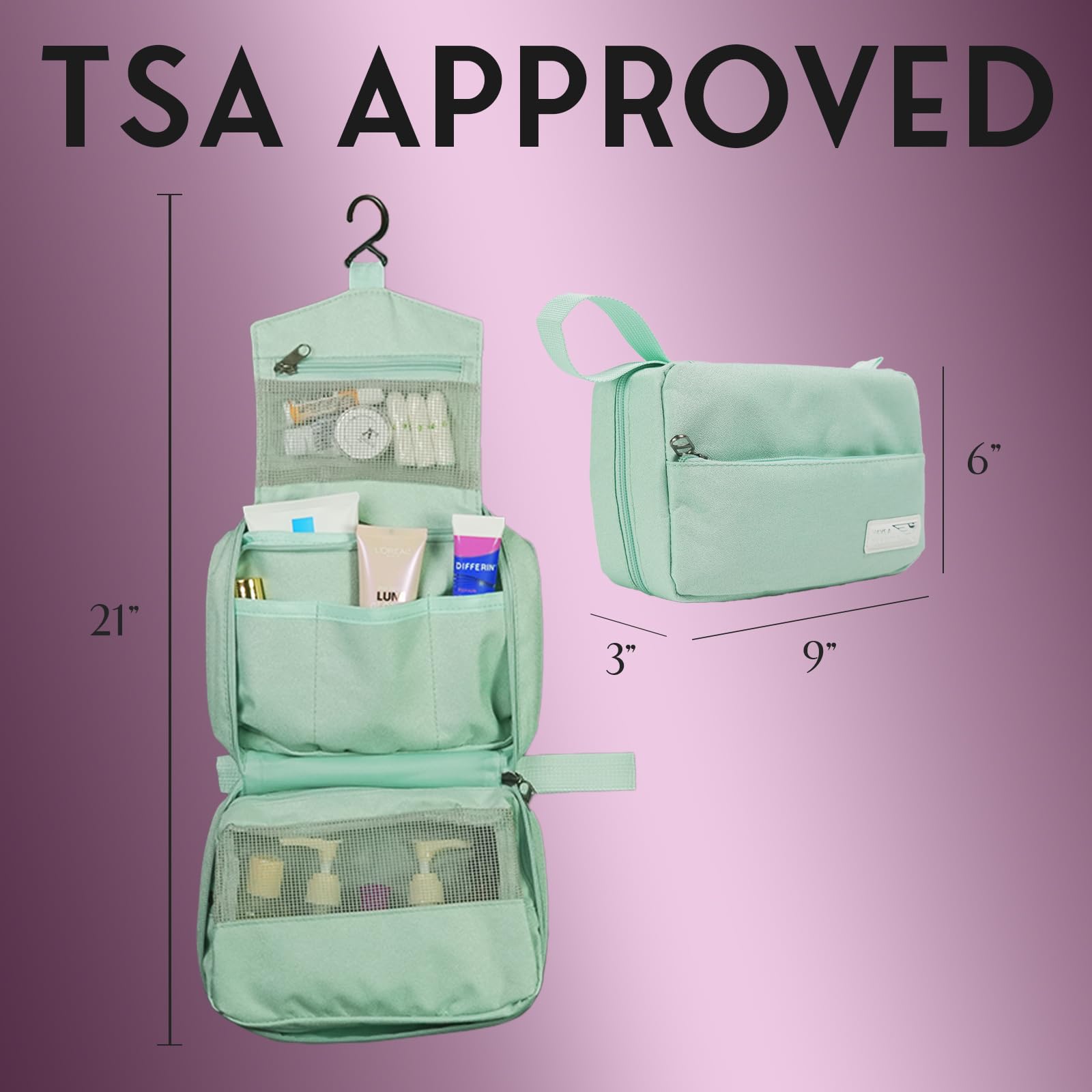 TSA Approved Hanging Travel Toiletry Bag for Women - Lightweight Portable Cosmetic Organizer with Hook, Small Carry-On Dopp Kit for Toiletries & Accessories | Perfect for Overnight Trips, Business Travel & Vacation (Green)
