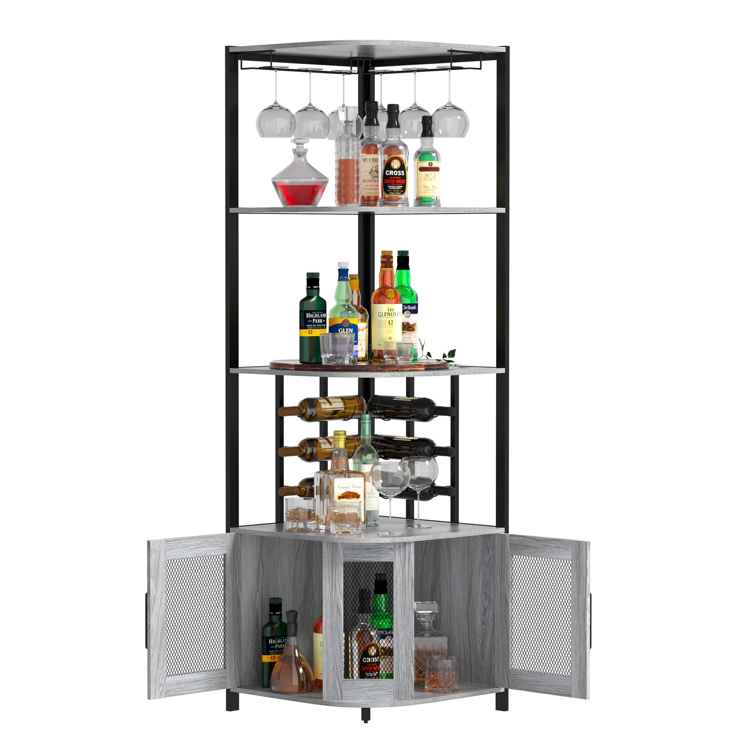 Anmytek 5-Tier Industrial Corner Bar Cabinet - Wood & Metal Wine Liquor Storage with Open Shelves | Space-Saving Home Bar Display for Kitchen, Living Room, Small Apartments | Perfect for Entertaining, Dining Rooms & Compact Spaces