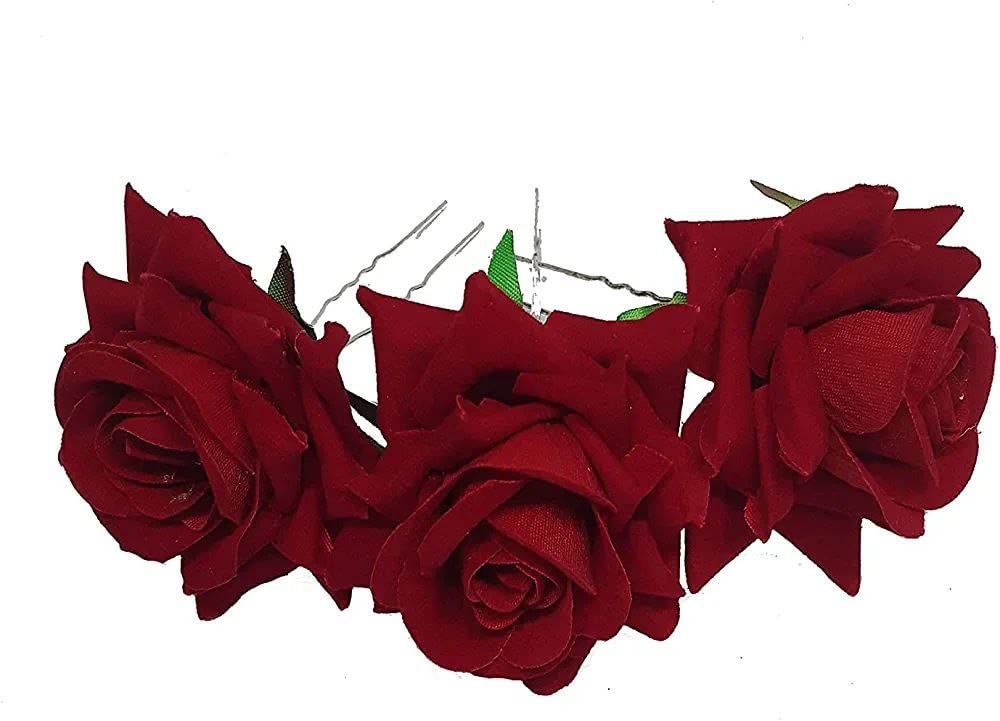 Red Rose Flower Hair Accessory Set for Women & Girls - Bridal Wedding Hair Bun & Jura Pin (Pack of 3) | Perfect for Weddings, Prom, Parties & Special Occasions