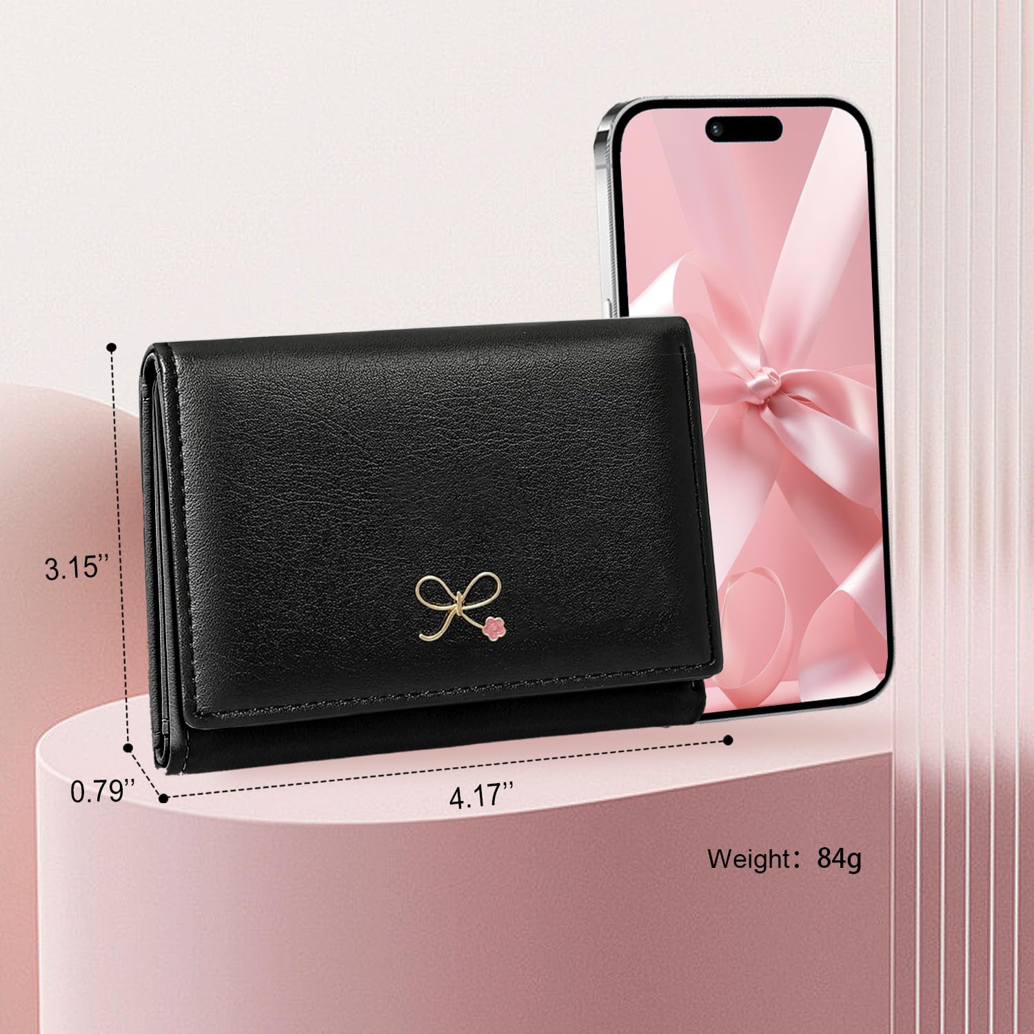 Sunwel Fashion Girls Cute Coquette Bow Wallet - Pink Floral Small Wallet with Cash Pocket, Card Holder & ID Window - Women's Purse for Everyday Use, Travel & Gift (BLACK)