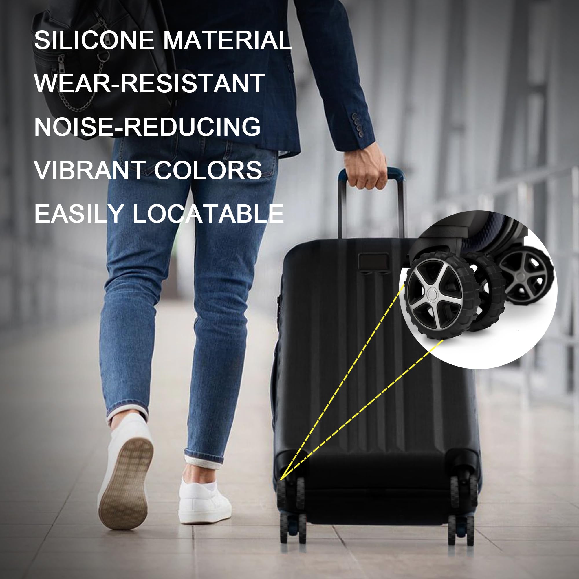 8 Pack Silicone Luggage Wheel Covers for 8-Spinner Suitcases - Noise Reducing & Shock Absorbing Wheel Protectors (Black) | Perfect for Travel, Airports & Smooth Rolling on Various Surfaces