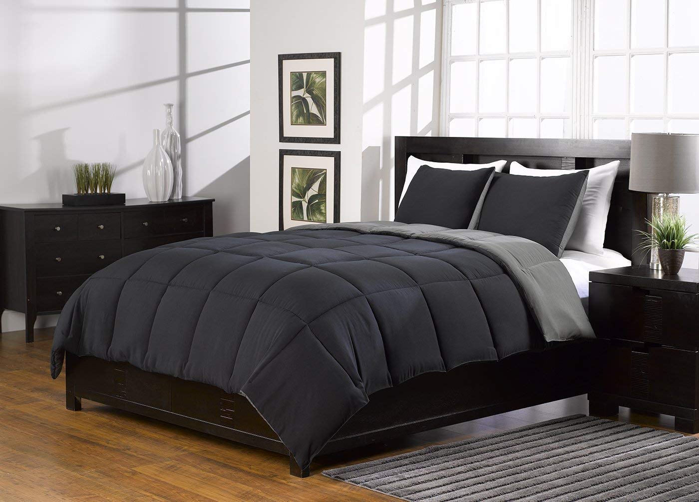 LuxuriousDeals Premium 800 TC Reversible 3-Piece Comforter Set - All Season Soft Quilted Down Alternative, Egyptian Cotton, Twin Size (Black/Grey) - Perfect for Bedroom Decor, Guest Room & Cozy Winter Nights