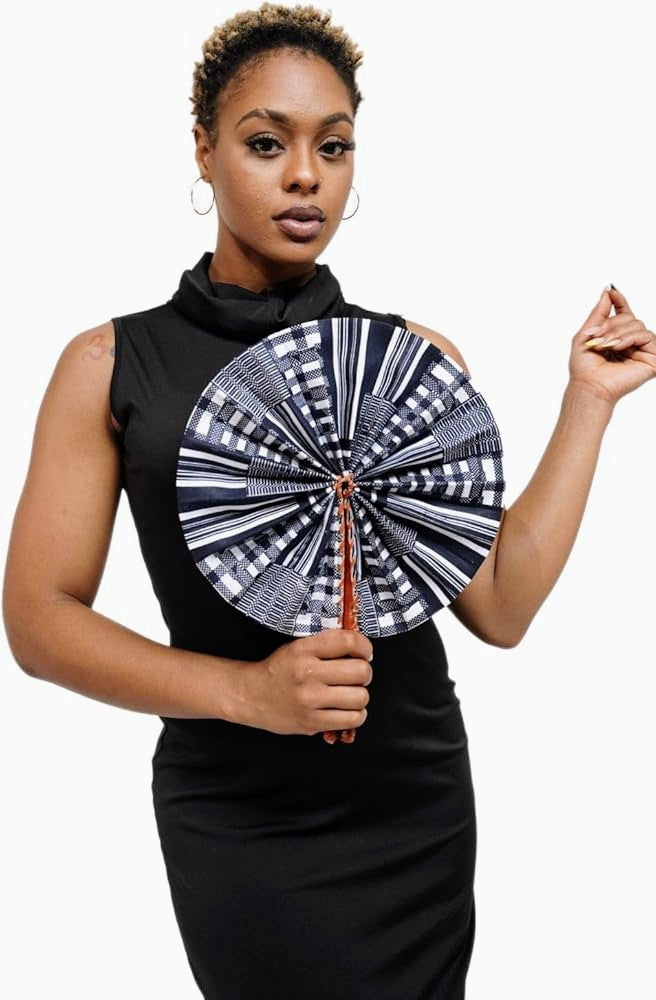 Dupsie's Koumadi Foldable Black and White African Print Ankara Kente Fan - Handheld Cooling Fan for Summer, Weddings & Cultural Events - DPPFB0795