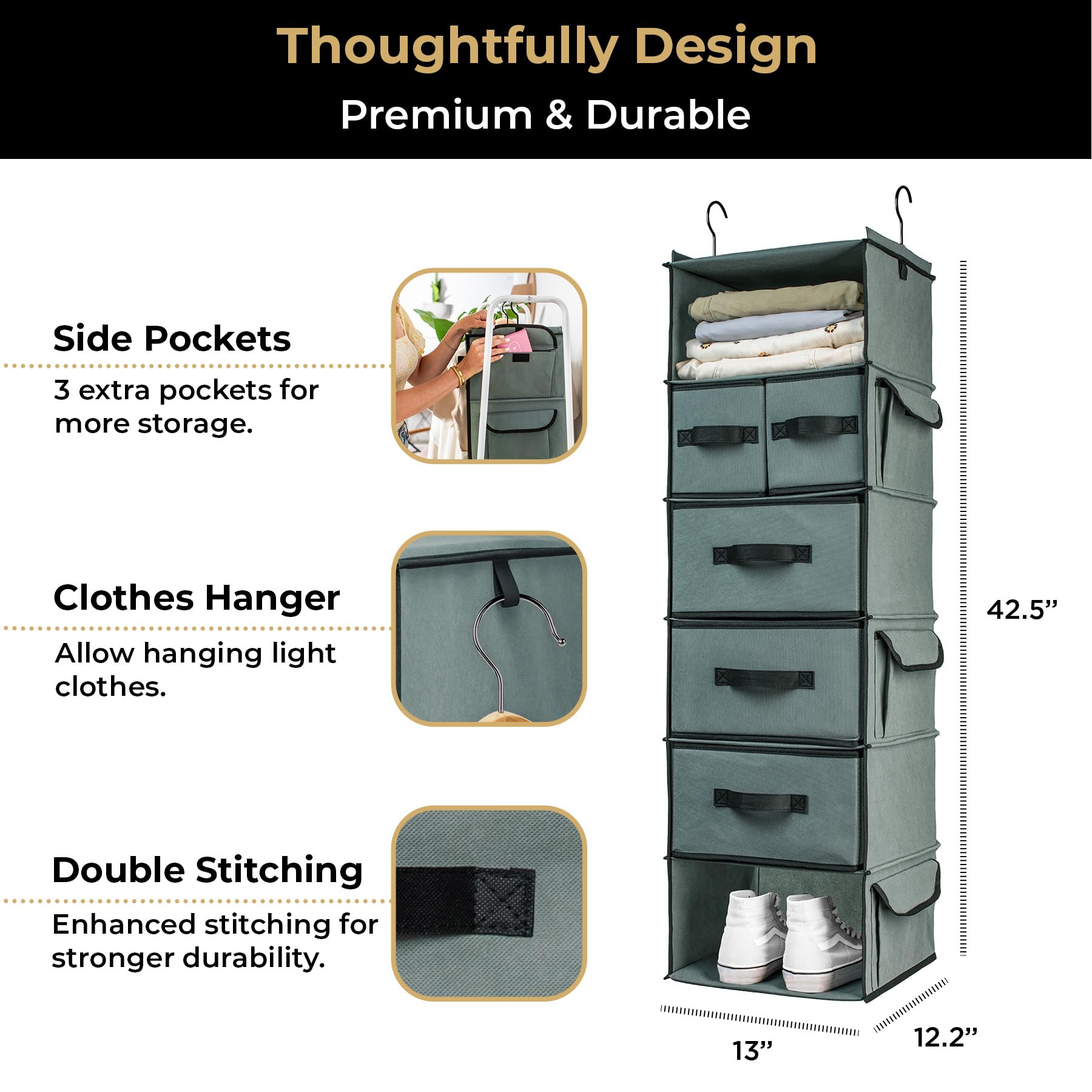 SMIRLY 6-Tier Hanging Closet Organizer with Storage Shelves - Foldable Wardrobe Organizer with 2 Heavy-Duty Hooks for Bedroom, Nursery, Closet & Home Storage - Perfect for Organizing Clothes, Toys & Accessories