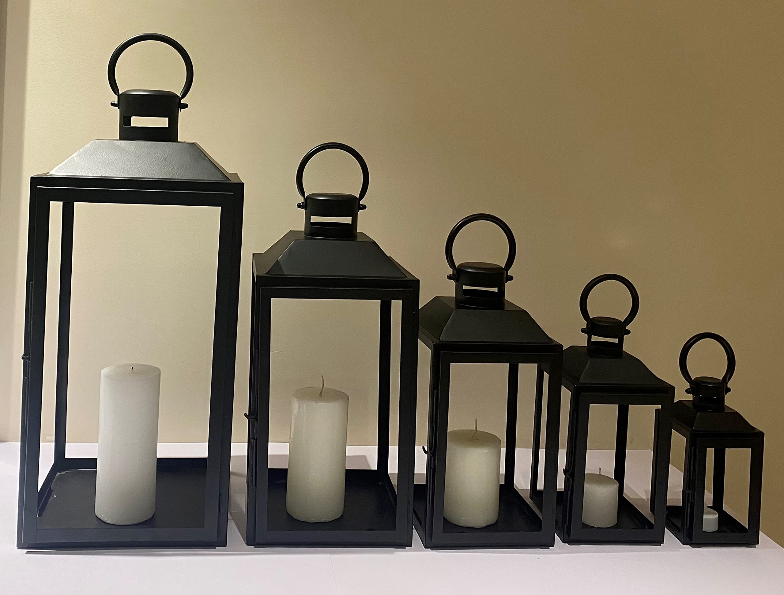 Decorative Metal and Glass Lanterns Set of 5 - Elegant Indoor/Outdoor Lighting for Patio, Garden, Wedding & Home Decor