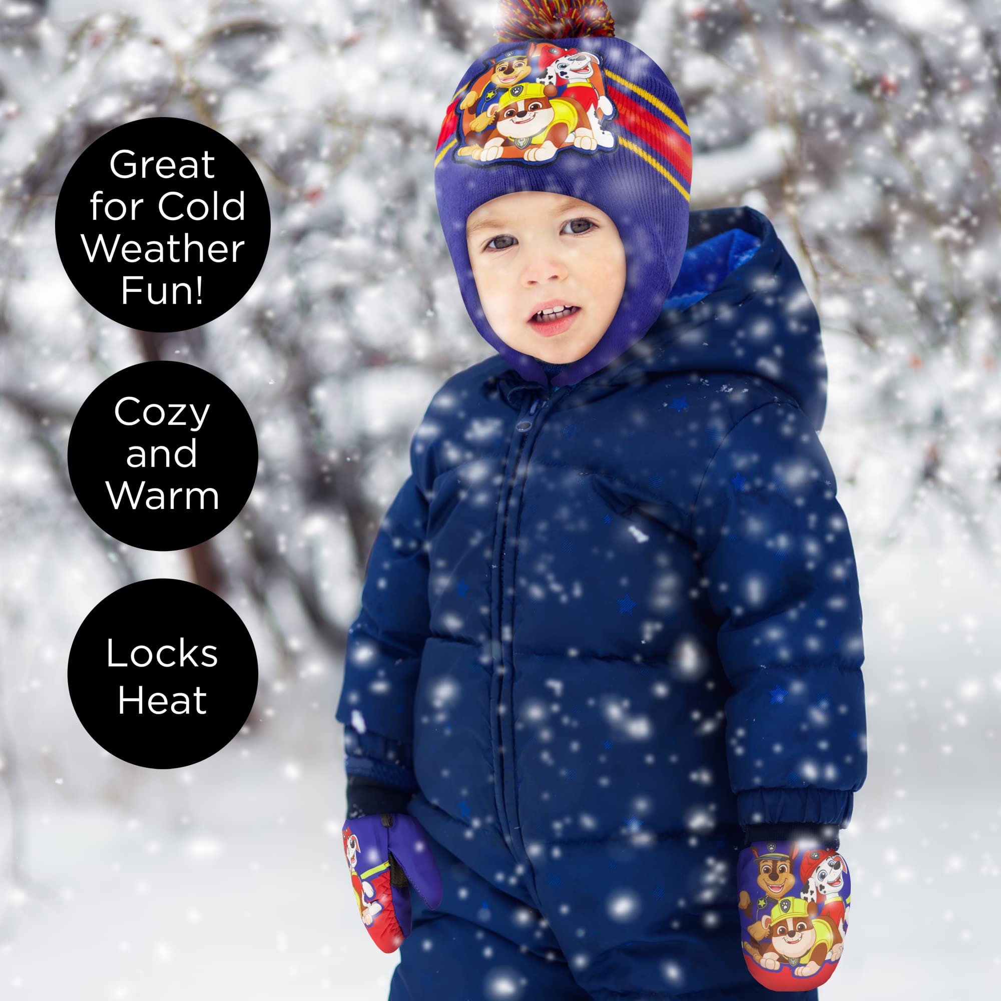 Paw Patrol Winter Hat & Mittens Set for Toddlers Age 2-4, Insulated Ski Mittens, Knit Beanie, Perfect for Snow Play, Outdoor Adventures, and Cold Weather Activities