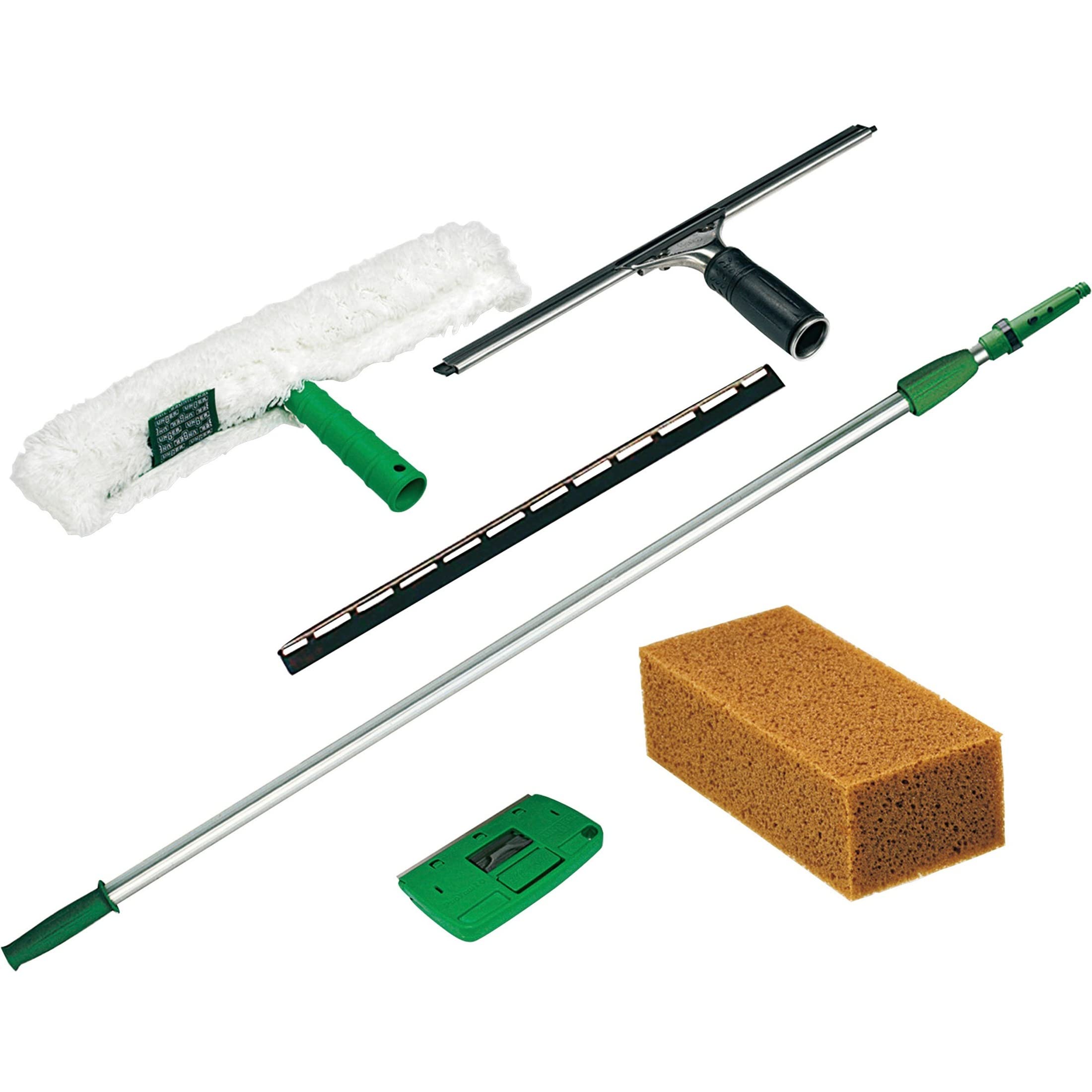 Professional Heavy Duty Window Cleaning Kit - Unger PWK00 Commercial StripWasher Set with 8'' Telescoping Pole, Squeegee & Sponge | High-Performance Cleaning Tools for Office Buildings, Storefronts & Large Windows