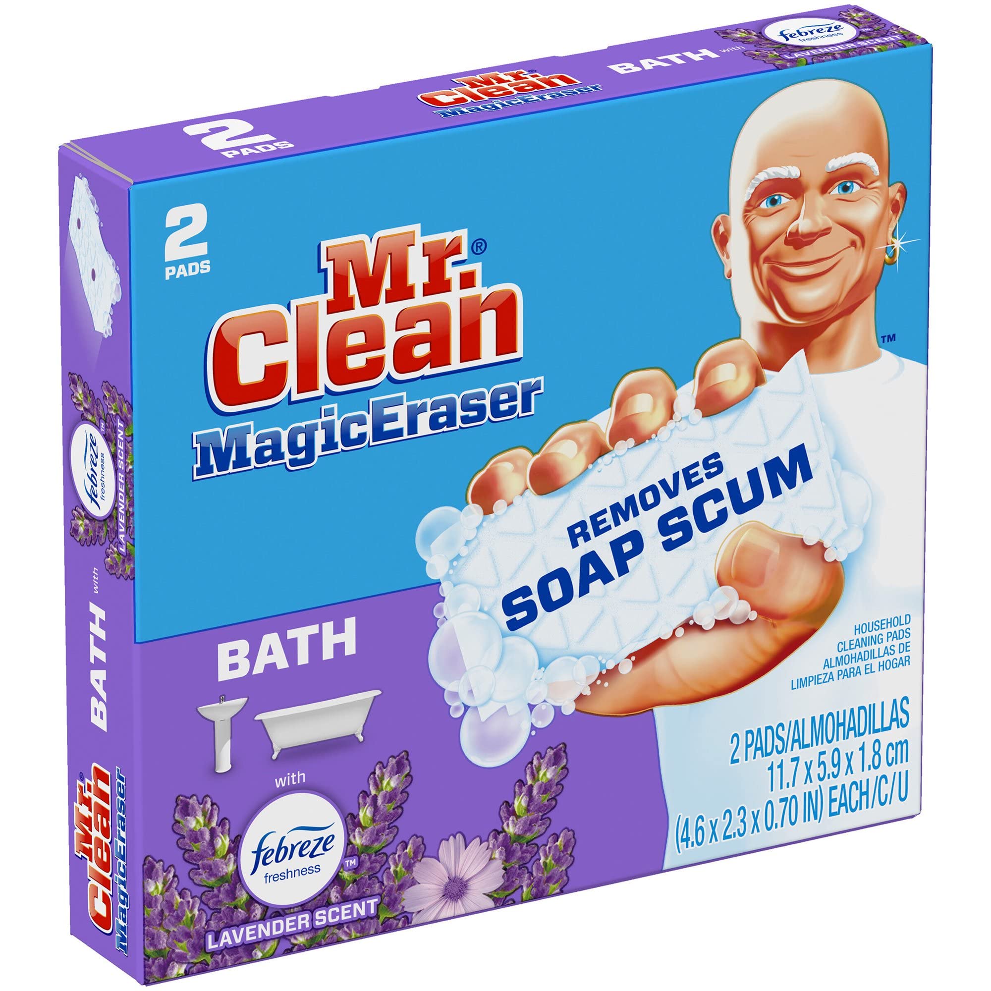 Mr. Clean Magic Eraser Bath with Febreze Lavender Scent - Extra Durable Cleaning Pads for Bathroom, Kitchen & Tile (2 Count) - Remove Tough Stains & Soap Scum Effortlessly