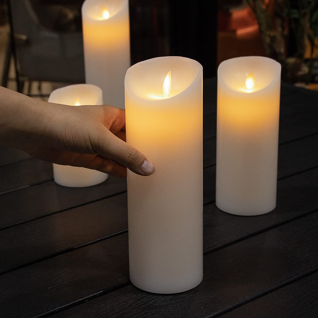 Restaurantware 3 x 8.7 Inch Flameless LED Pillar Candles - 10 Pack Programmable Dancing Flame, Real Wax Battery Operated Candles for Weddings, Parties & Home Decor (White, Remote Sold Separately) - Perfect for Centerpieces, Romantic Dinners & Holiday Decorations