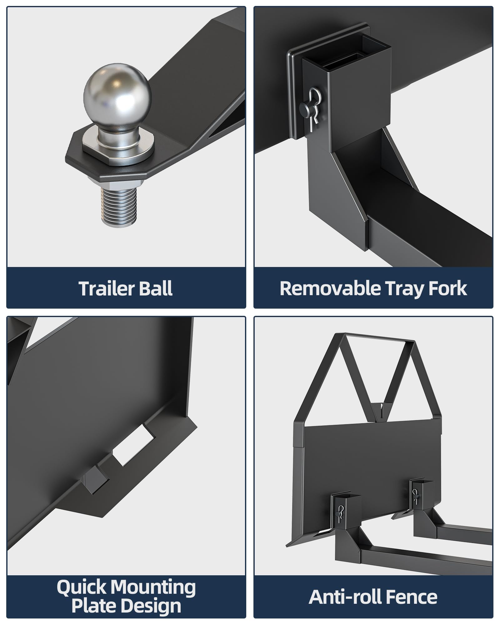 Heavy Duty Pallet Forks 2600 LBS Capacity with Trailer Hitch Ball - Q235 Steel Tractor Attachments for Farming, Warehouse & Construction Equipment - Perfect for Lifting, Moving Pallets and Material Handling