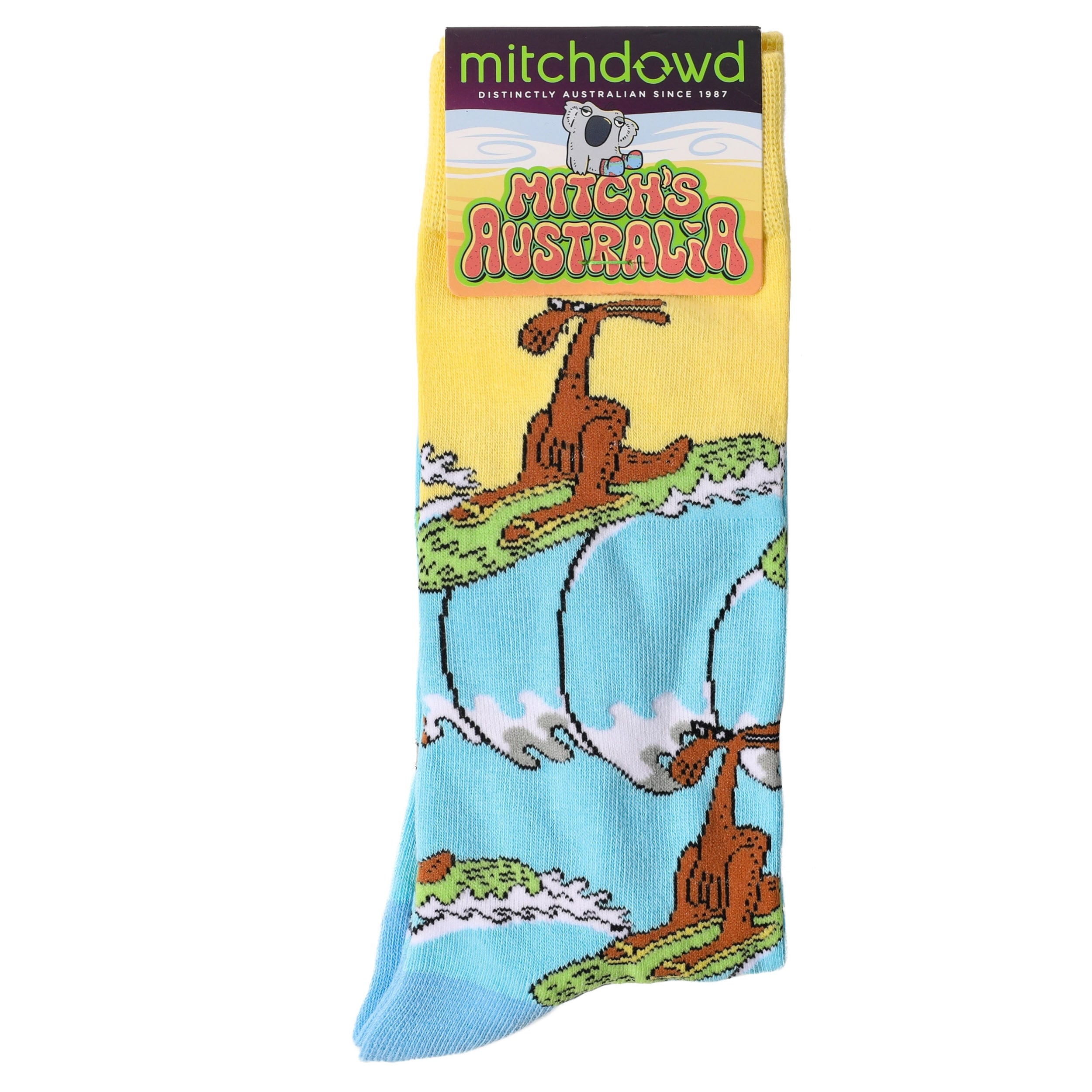 Men's Surfin' Kangaroo Cotton Crew Socks - Soft Breathable Blue Socks for Surfing, Beach & Casual Wear - Perfect for Summer, Water Sports & Everyday Comfort