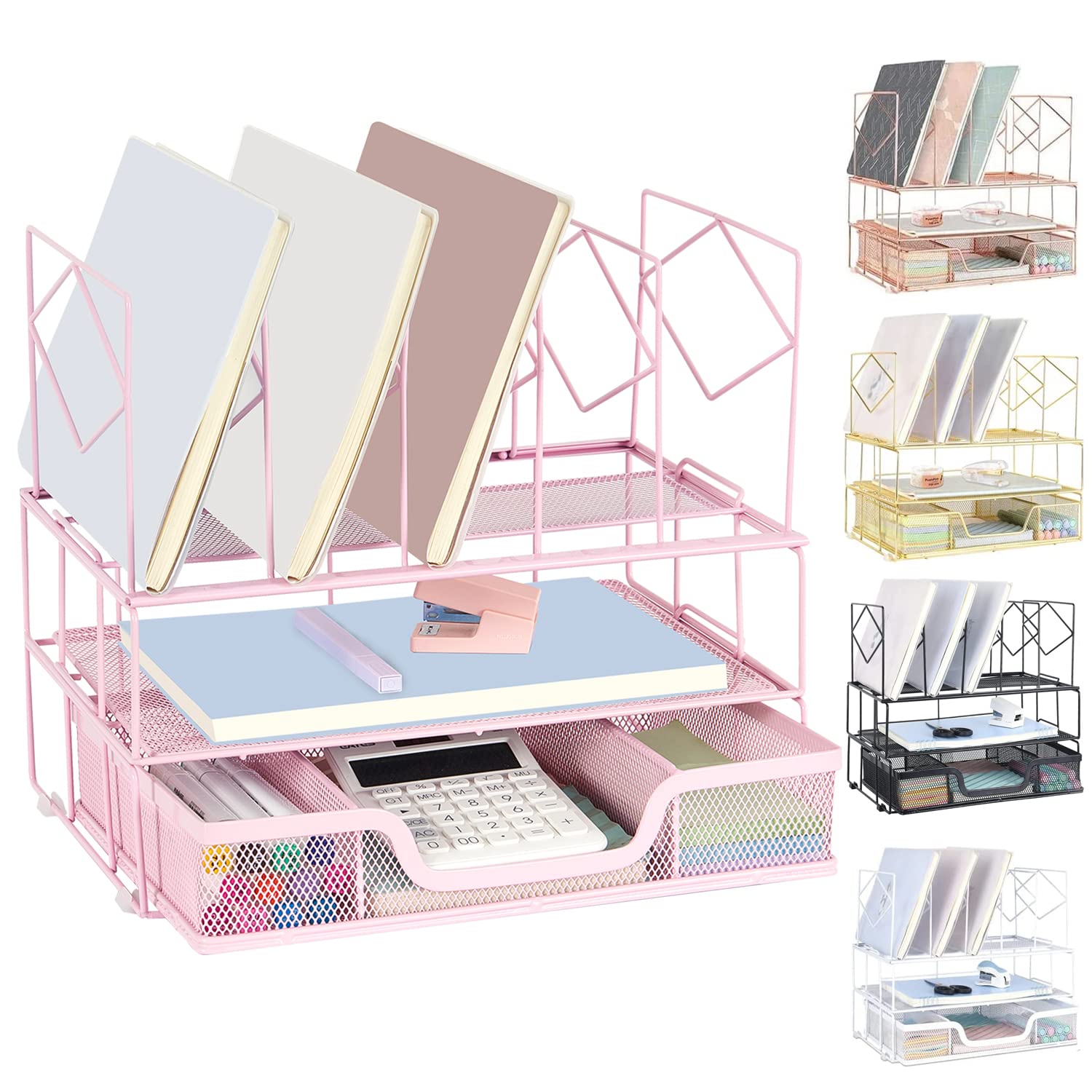 Desk Organizers and Accessories - Office Supplies Desktop Organizer with Sliding Drawer, Dual Tray & 5 Upright Sections - File Folder Holder for Home Office, Workstation & Study Desk - Perfect for Paper Management, Document Storage & Workspace Organization