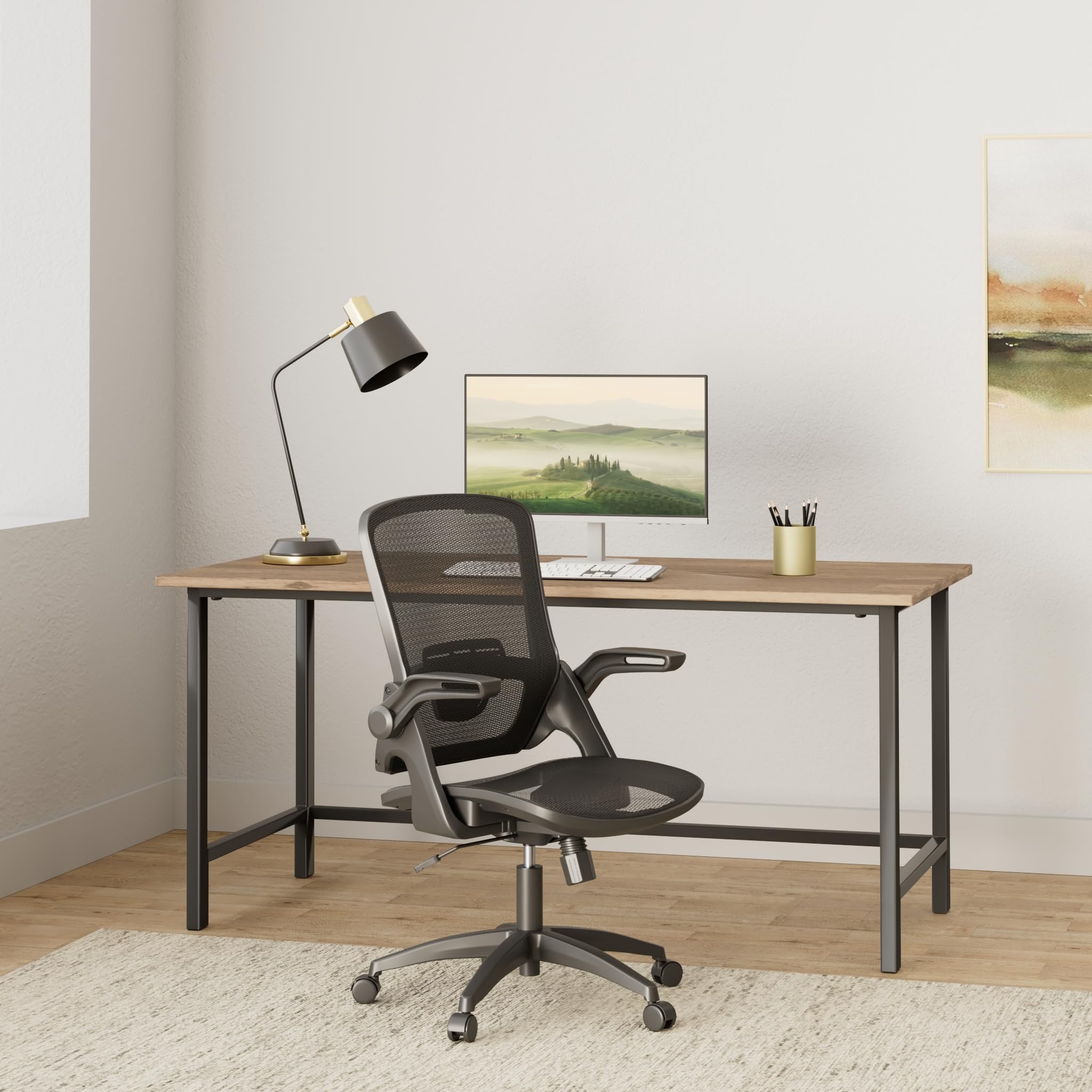 KOLLIEE Ergonomic Mesh Office Chair with Adjustable Lumbar Support & Flip-Up Arms - Breathable Swivel Computer Desk Chair for Home Office, Gaming & Workspace - Black