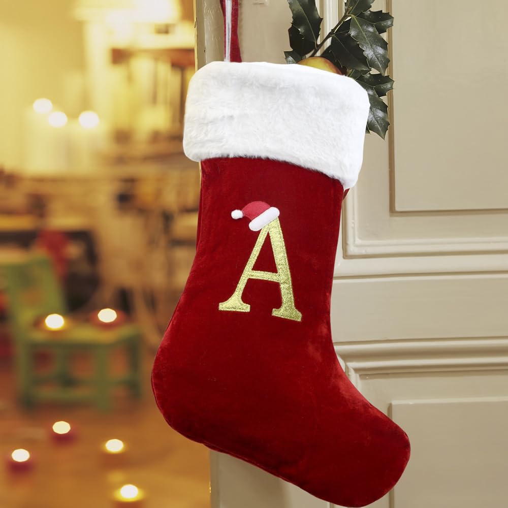 Personalized Monogram Christmas Stocking - 20 Inch Red Velvet with White Plush, Custom Letter A - Holiday Gift for Family & Friends - Perfect for Fireplace Decor, Xmas Tree, and Festive Home Decor