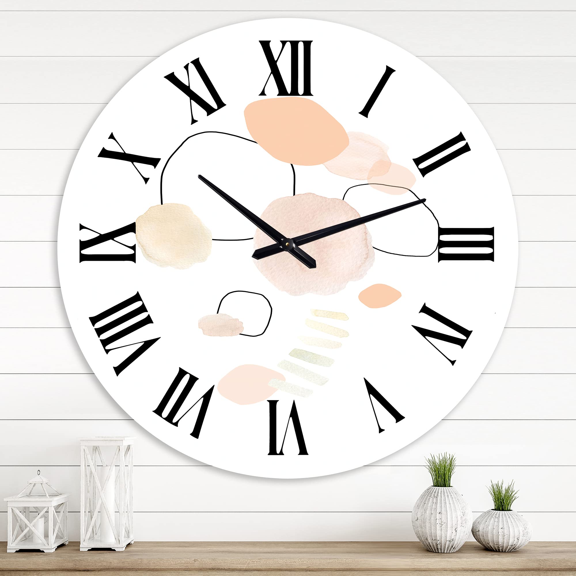 DesignQ Shabby Chic Wall Clock - Large Abstract Watercolor Stains & Fractals Decor for Living Room, Bedroom, Kitchen | Vintage Home Wall Art
