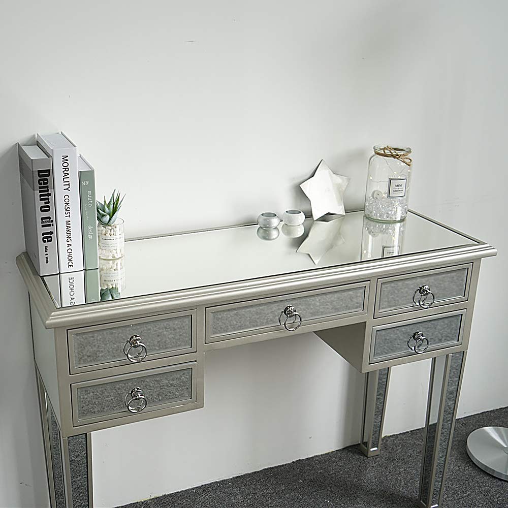 5-Drawer Mirrored Console Table with Antique Silver Finish - Elegant Entryway Sofa Table with Mirror Top for Hallway, Living Room & Bedroom Decor