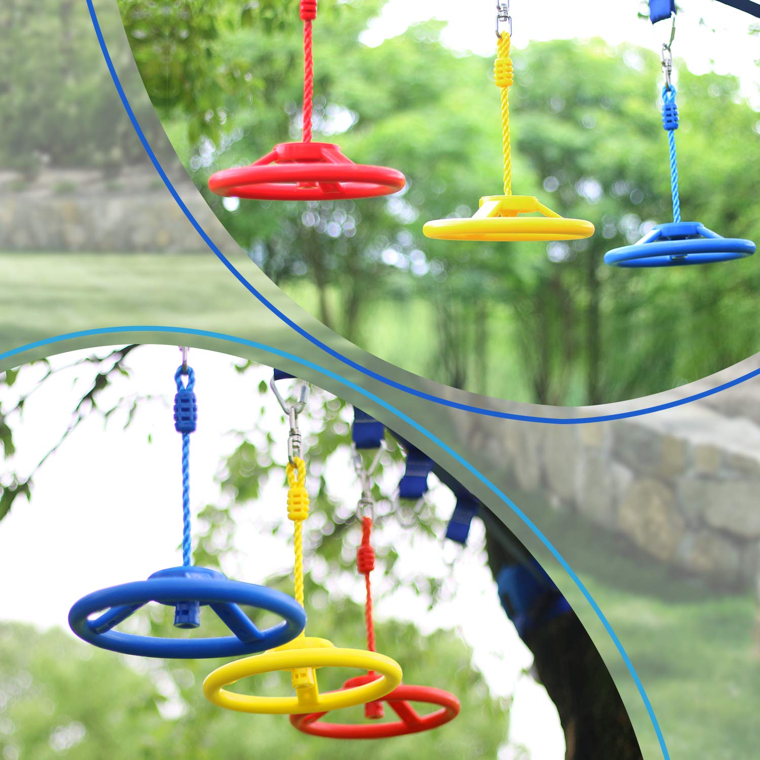 Ninja Warrior Obstacle Course Kit for Kids - 7pc Rings, 2pc Swing Trapeze Wheels & 2pc Monkey Bars | Outdoor Play Equipment for Backyard, Park & Playground Training