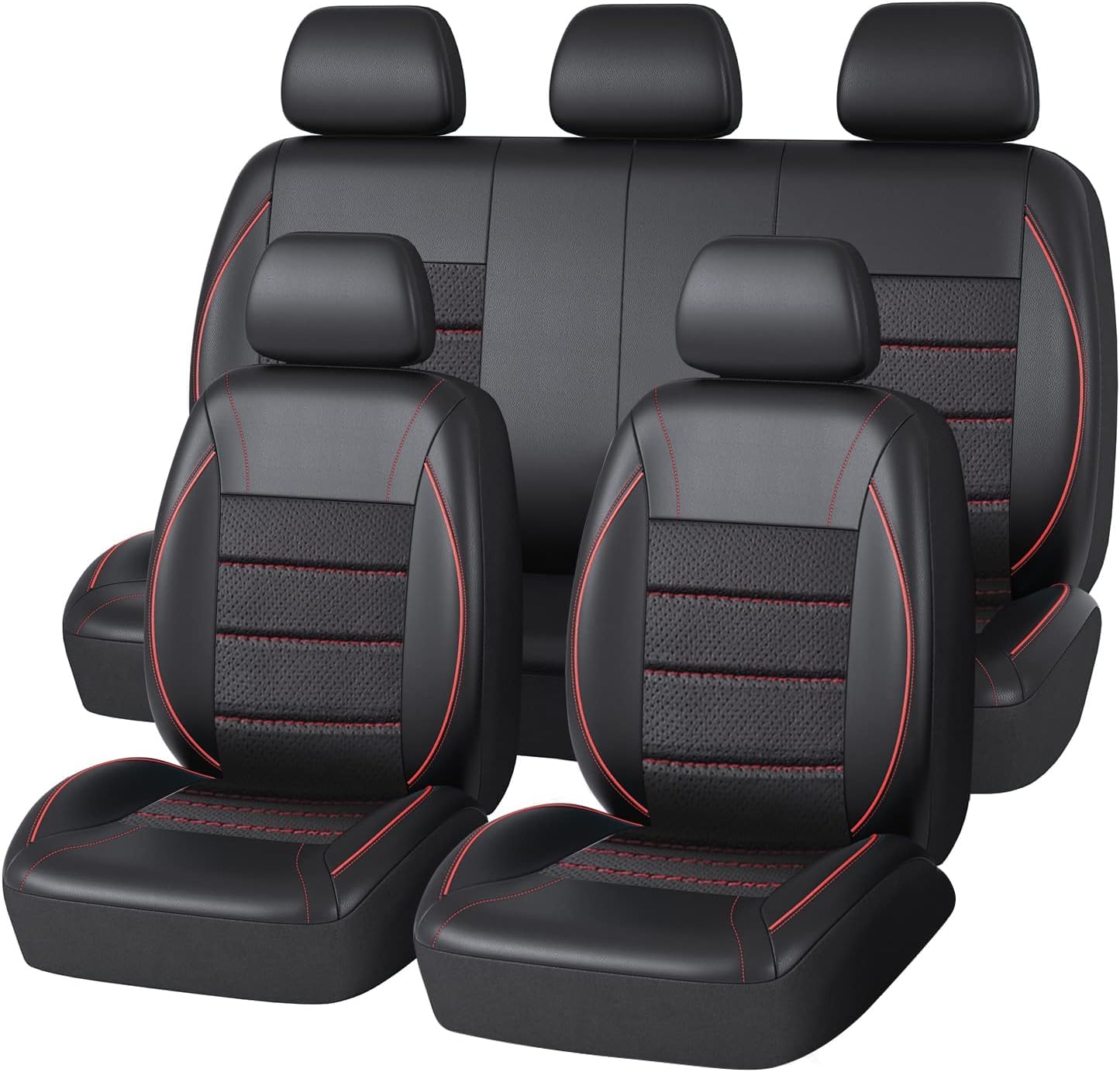 CAR PASS Universal FIT Leather Car Seat Cover - Airbag Compatible, Inside Zipper Design for SUVs, Vans & Trucks - Black and Red Full Set for Road Trips & Family Travel