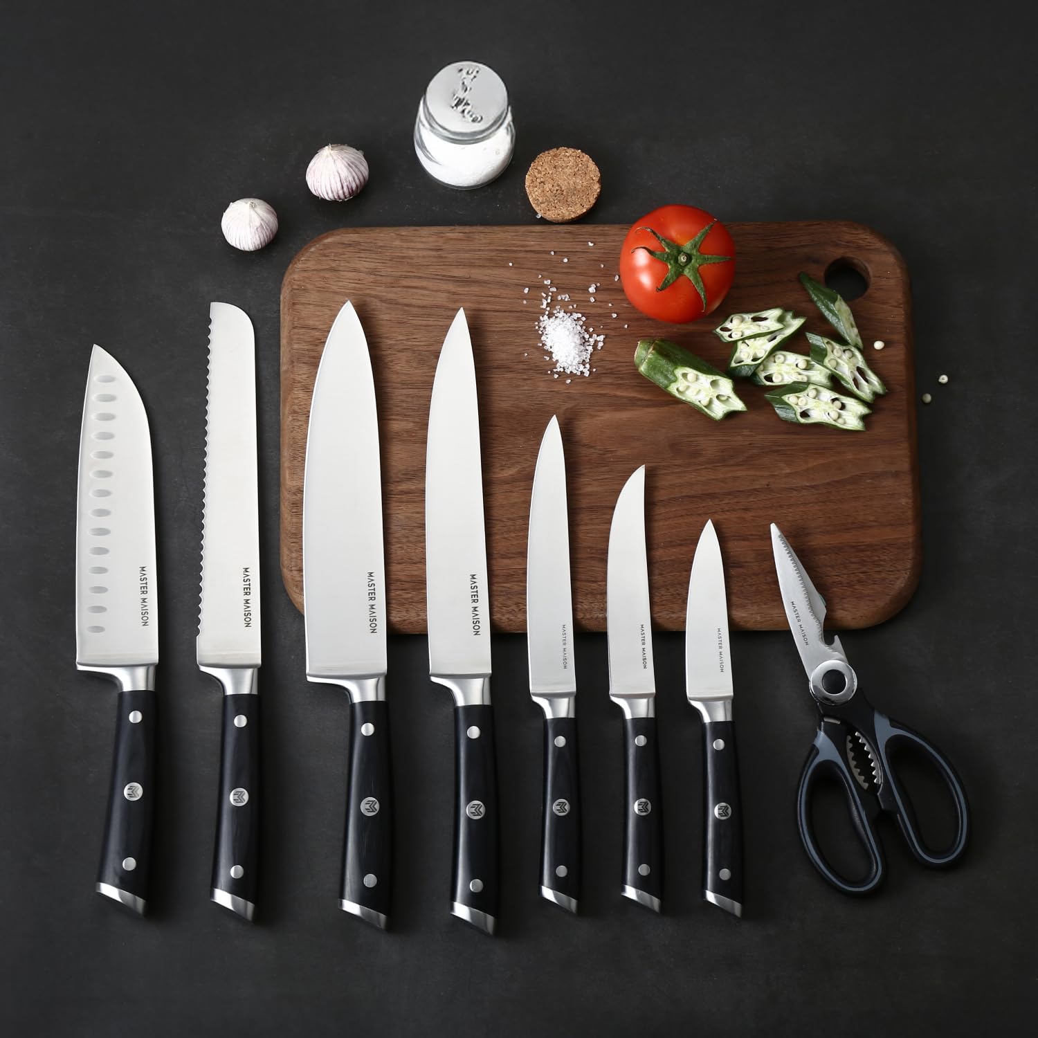 Master Maison 15-Piece Professional Kitchen Knife Set - Stainless Steel Knives with Wood Block, Sharpener & Blade Guards - Black Wood Handle, Full Tang & Ergonomic Design - Perfect for Home Chefs, Cooking Enthusiasts & Restaurant Use