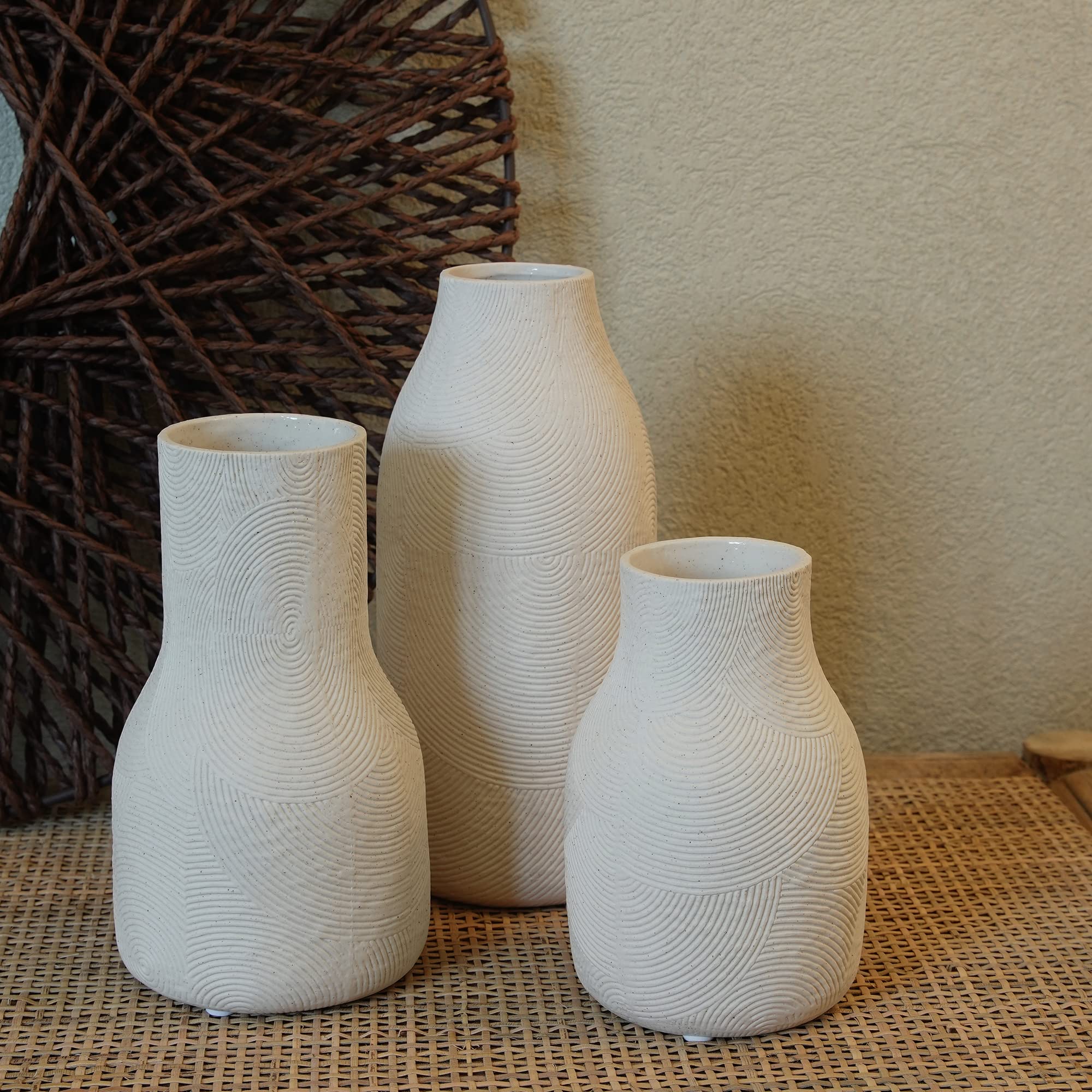 Matte White Ceramic Vase Set of 3 - Textured Home Decor Vases for Flowers, Pampas Grass, and Centerpieces | Boho Chic Living Room, Office & Table Decor | Perfect for Wedding, Housewarming & Interior Design
