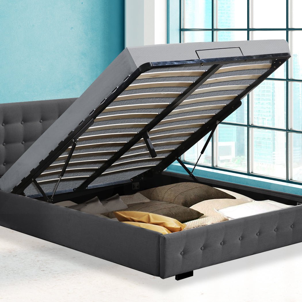 Bendigo Queen Size Gas Lift Storage Bed Frame with Hydraulic Mechanism - Dark Grey - Perfect for Small Bedrooms & Guest Rooms
