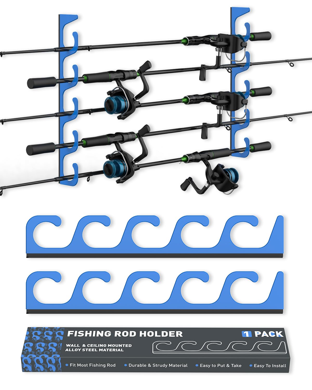 5-Pack Fishing Rod Holder Wall & Ceiling Mount - Heavy Duty Rod Storage Rack for Garage, Boat, RV - Universal Fit for Most Fishing Poles (Great for Organizing & Space Saving)